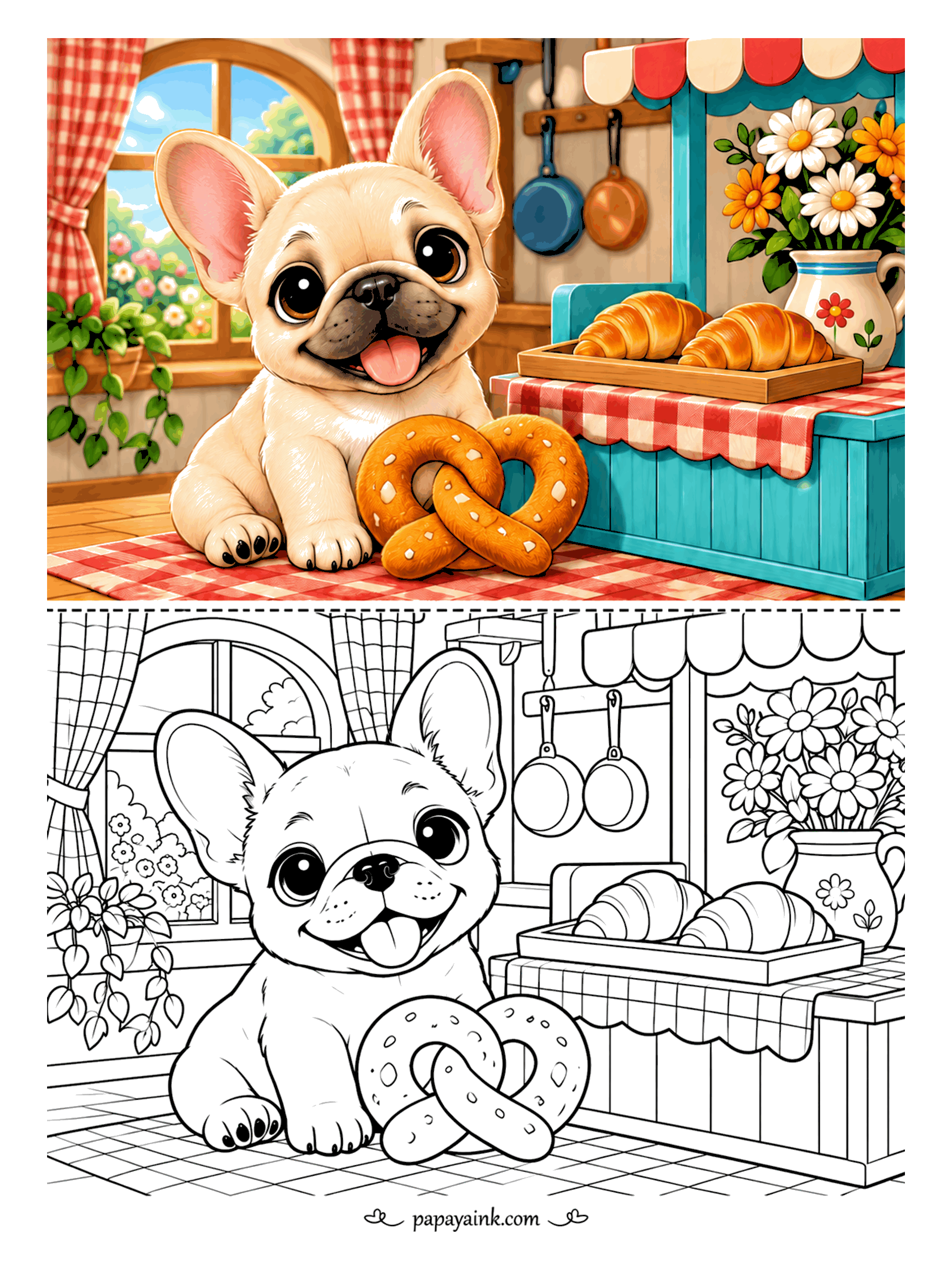 Puppy Coloring Pages - Fresh out of the oven. A French bulldog puppy guards a pretzel at the bakery counter while croissants cool on the tray behind him. Checkered cloth, copper pans, a jug of daisies. Warm golds and browns do most of the work.