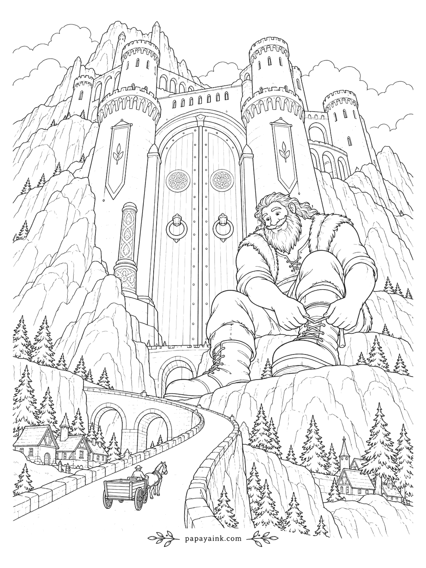 Castle Coloring Pages - Friendly giant tying his boot in front of an enormous castle gate in the mountains, with a village and cart far below