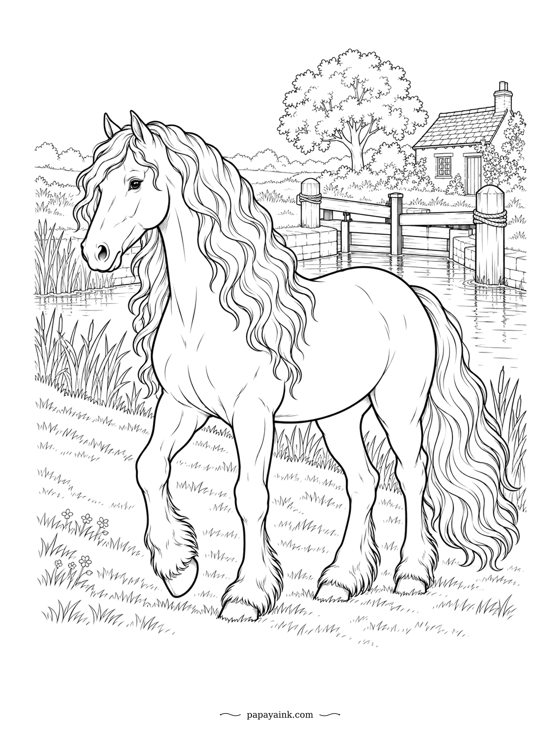 Horse Coloring Pages - Hoof lifted, hair flowing, a canal lock and a brick cottage behind. Friesians come from the north of the Netherlands and are almost always solid black, which makes this a page of shading rather than coloring. The feathers on the legs stay soft.