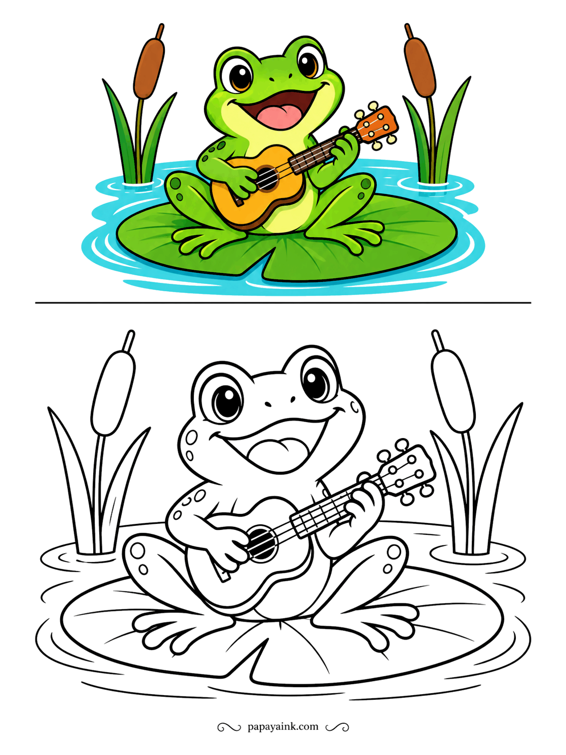Copy Coloring Pages - Evening concert on a lily pad. The frog strums a ukulele between two cattails, mouth wide open mid-song. Green for the frog, warm wood brown for the ukulele and a blue pond all around.