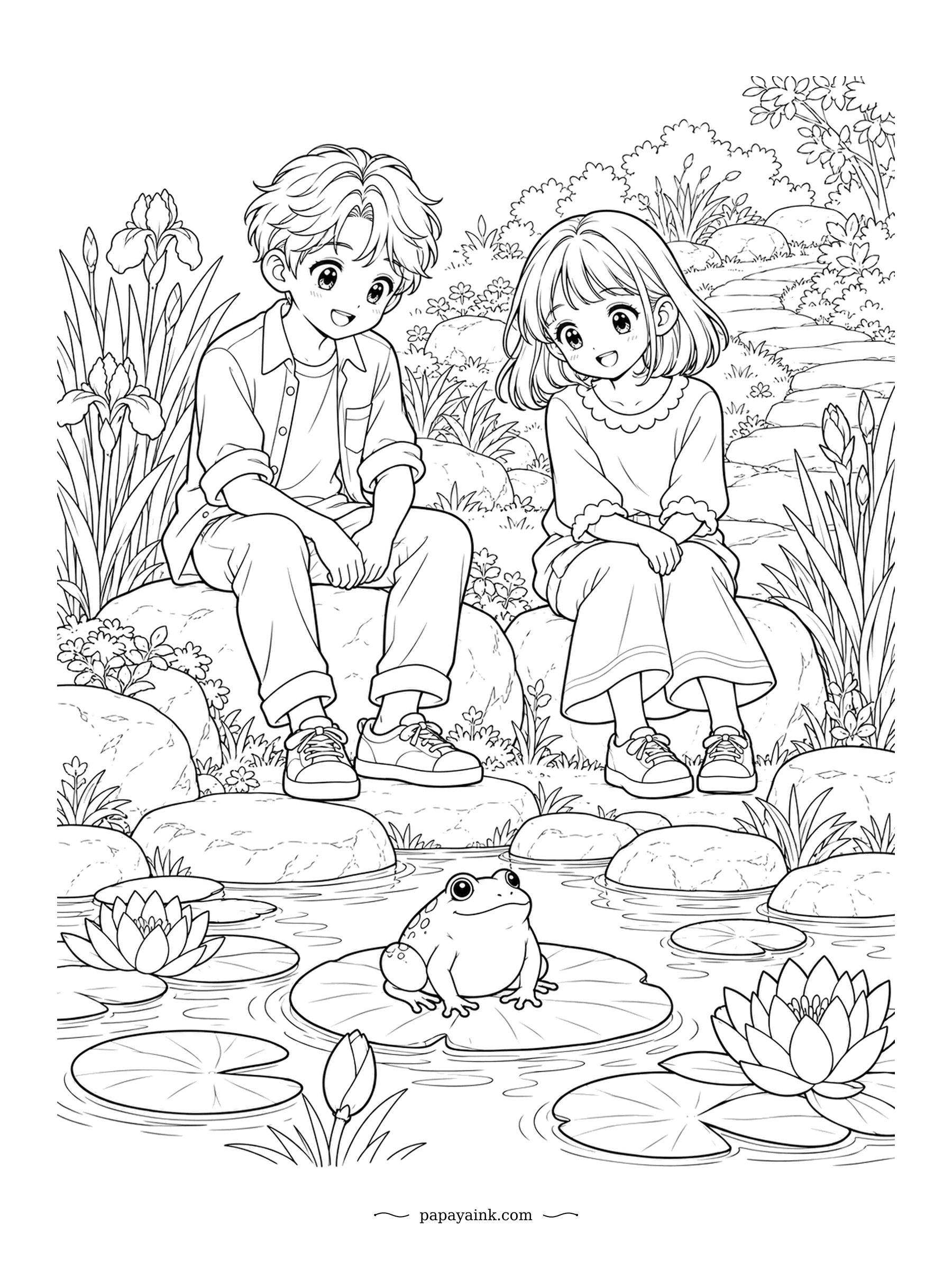 Cute Anime Coloring Pages - Perched on flat stones at the pond's edge, the children have spotted a frog sitting perfectly still on a lily pad. Irises bloom along the bank. Green for the frog, pink and white for the lilies.