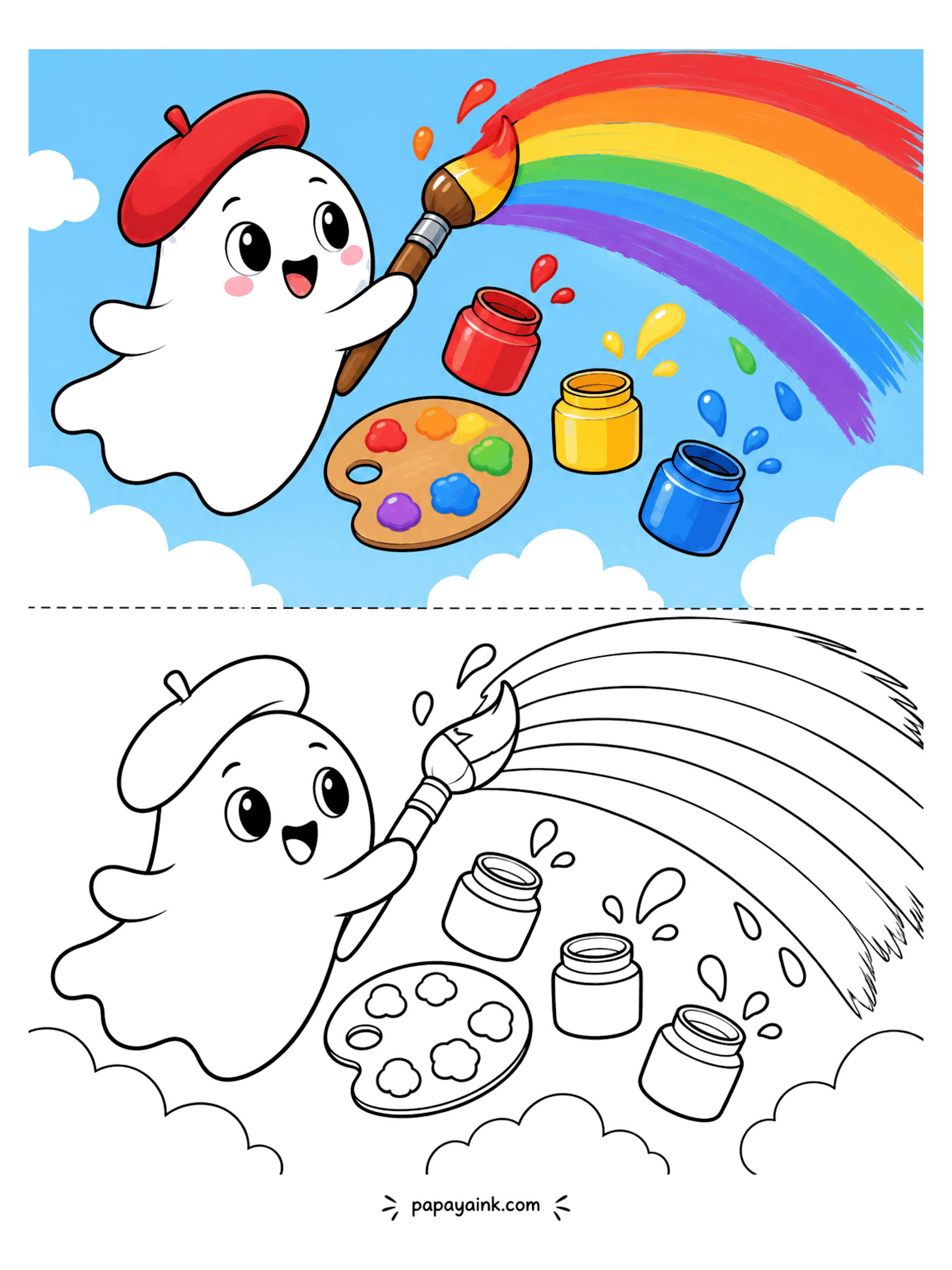 Ghost Coloring Pages - A ghost in a beret paints a big rainbow across the sky with a paintbrush, a palette, and jars of paint floating on the clouds.