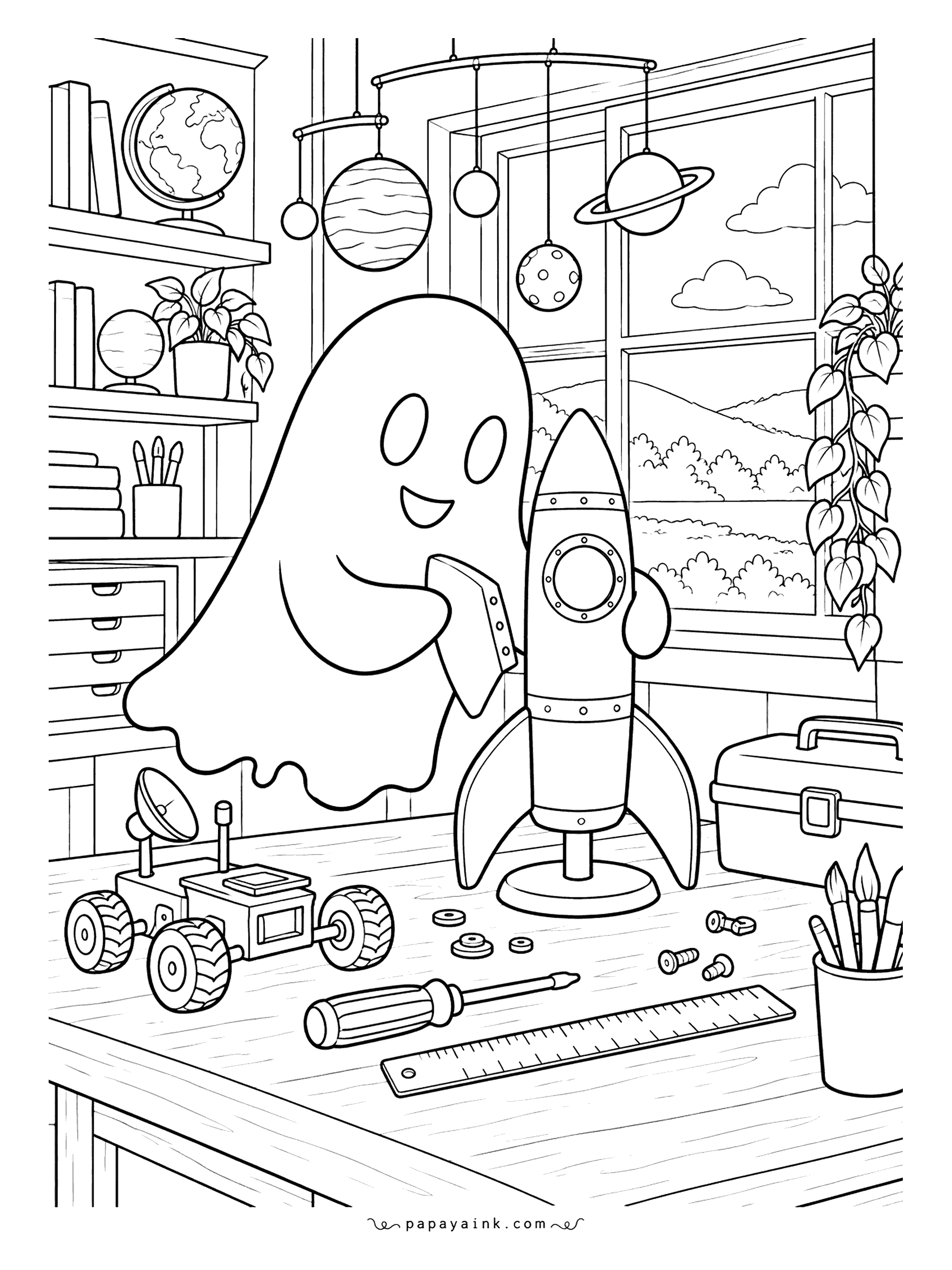 Ghost Coloring Pages - Countdown not yet started: the ghost is still sanding the fins. Its workshop table holds a model rocket, a rover on wheels, screws, a ruler and a screwdriver, with planets hanging from the ceiling. Detailed.