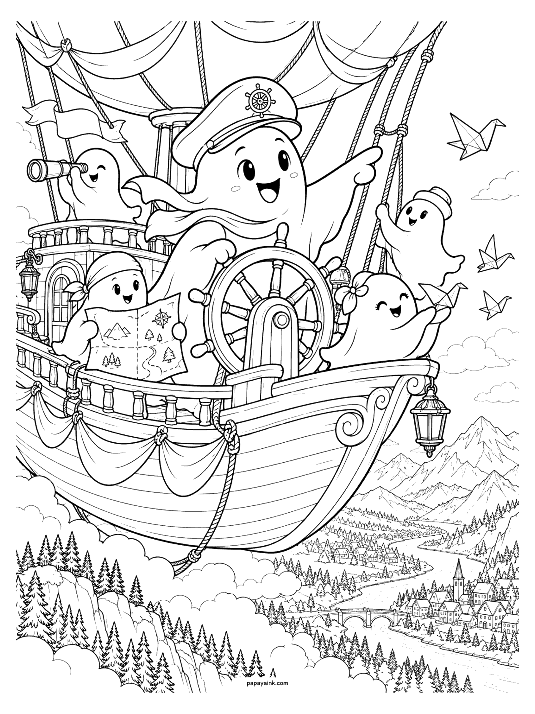 Ghost Coloring Pages - A ghost captain steers a flying ship through the clouds with a crew reading a map, looking through a spyglass, and climbing the ropes, high above mountains, pine forests, and a river town. Detailed.
