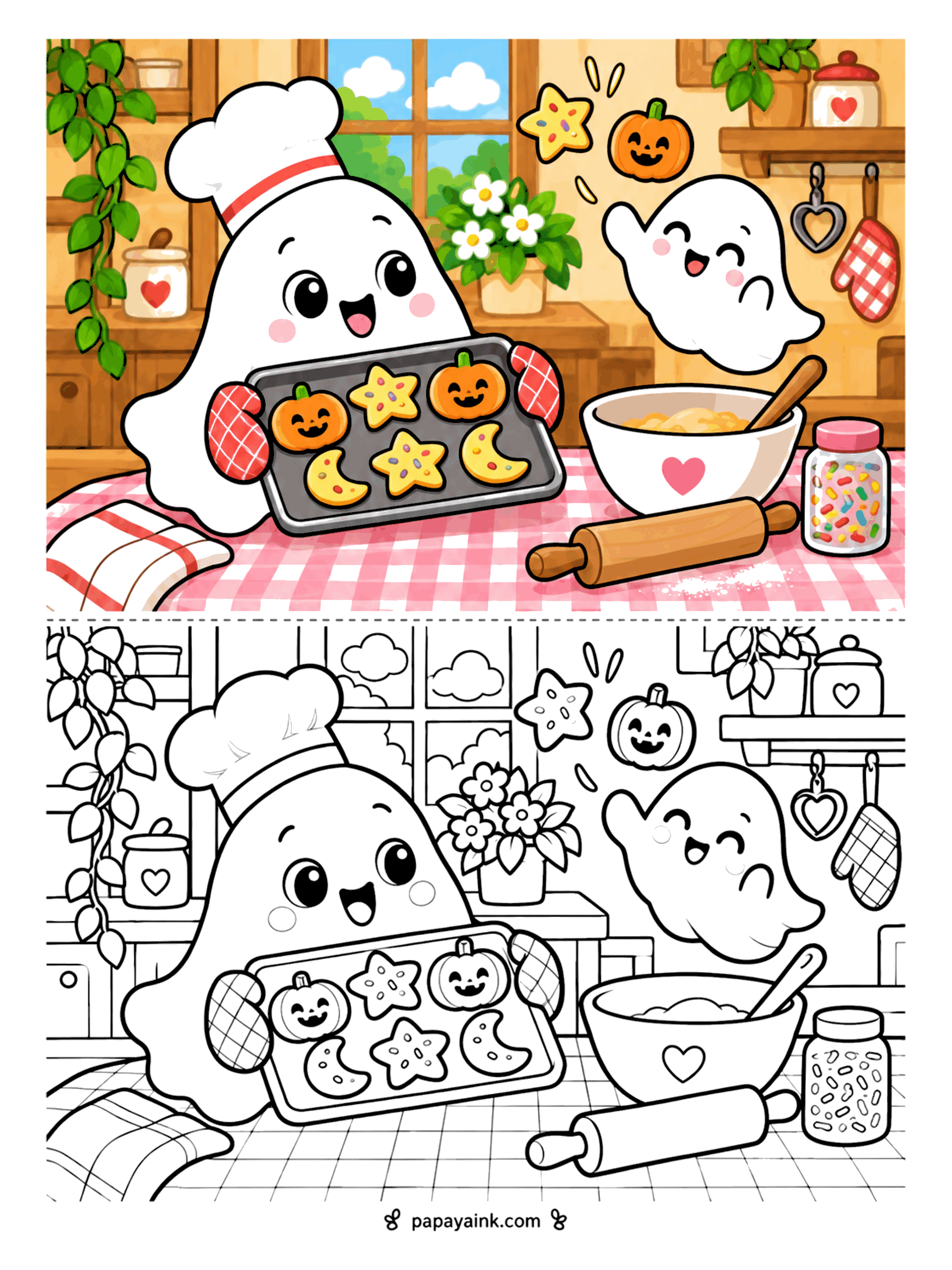 Ghost Coloring Pages - A ghost in a chef hat and oven mitts holds a tray of pumpkin, star, and moon cookies while a little helper ghost floats by the mixing bowl in a cozy kitchen. Detailed.