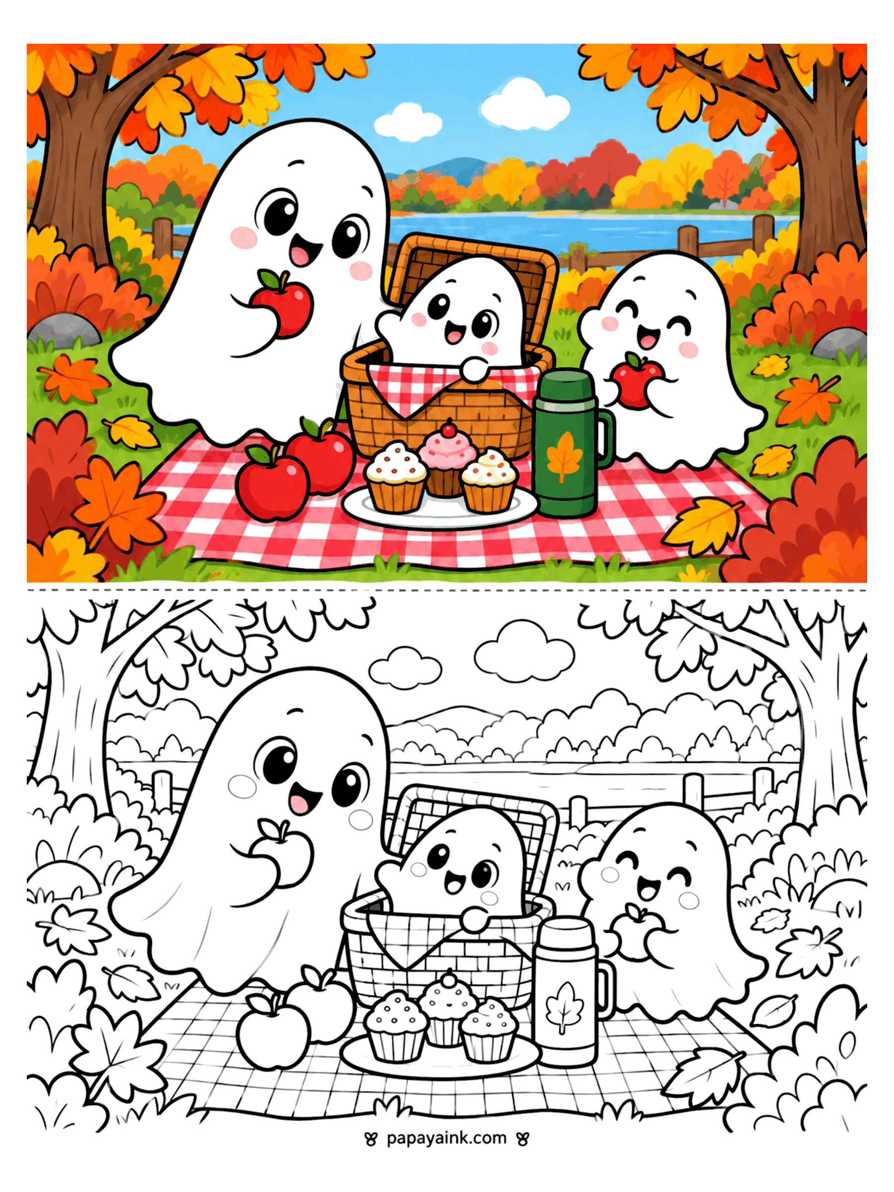 Ghost Coloring Pages - A ghost family shares apples and cupcakes on a checkered blanket by a lake, with one small ghost peeking out of the picnic basket. Detailed.
