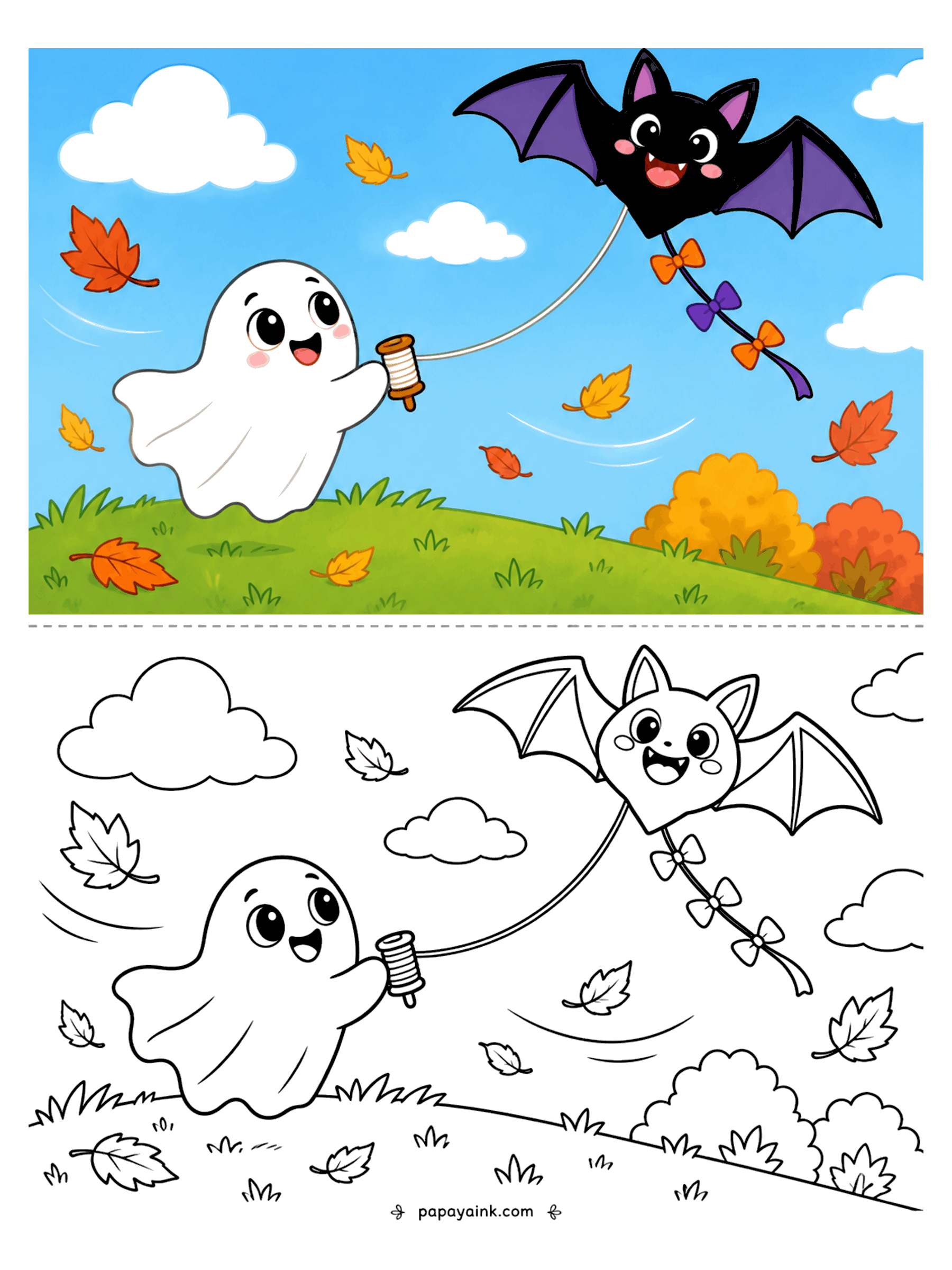 Ghost Coloring Pages - A ghost on a grassy hill flies a smiling bat-shaped kite with bow tails through a sky full of autumn leaves.
