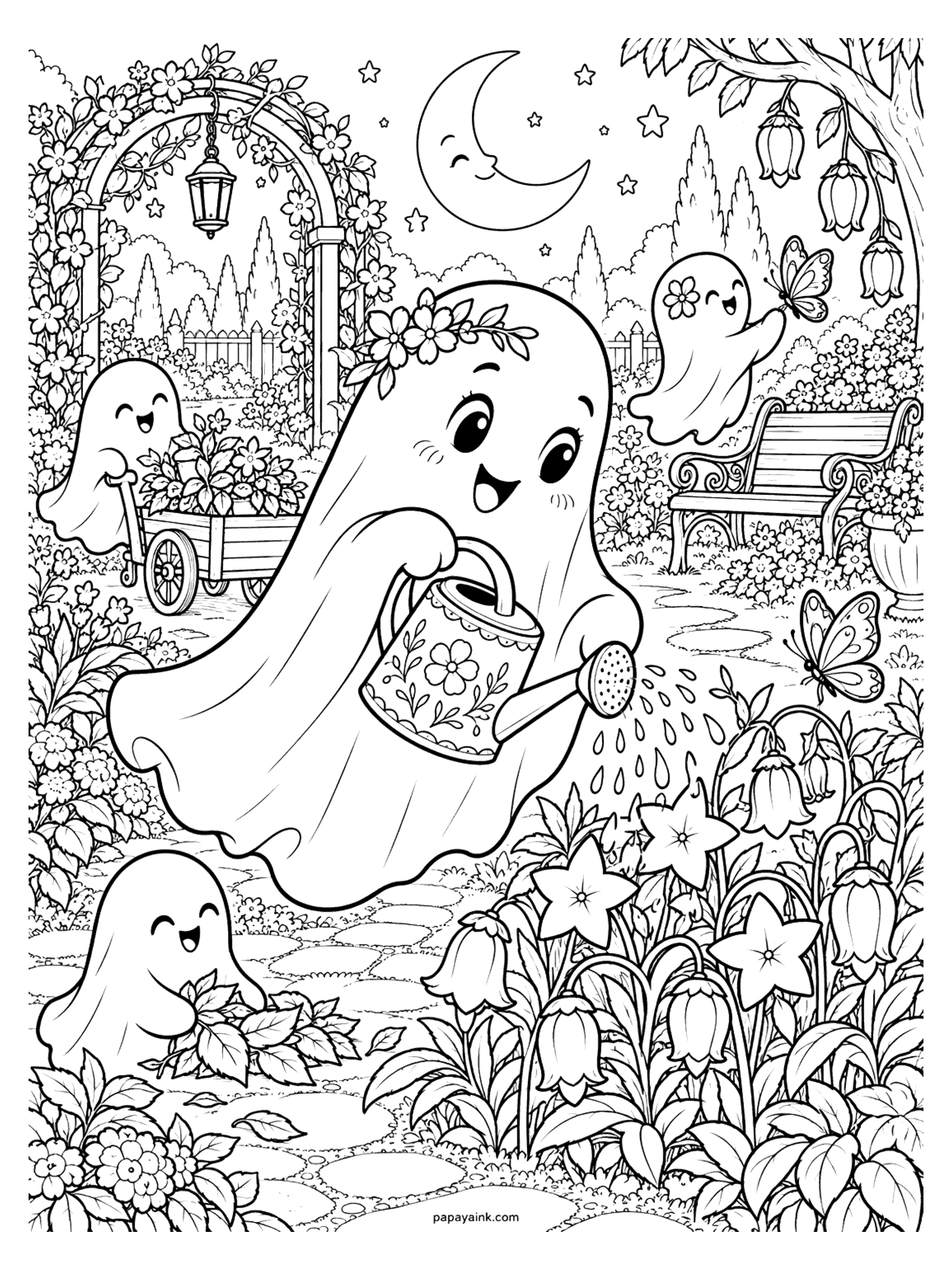 Ghost Coloring Pages - A ghost in a flower crown waters bellflowers with a painted watering can in a moonlit garden, with a rose arch, a flower cart, butterflies, and a wrought-iron bench. Detailed.