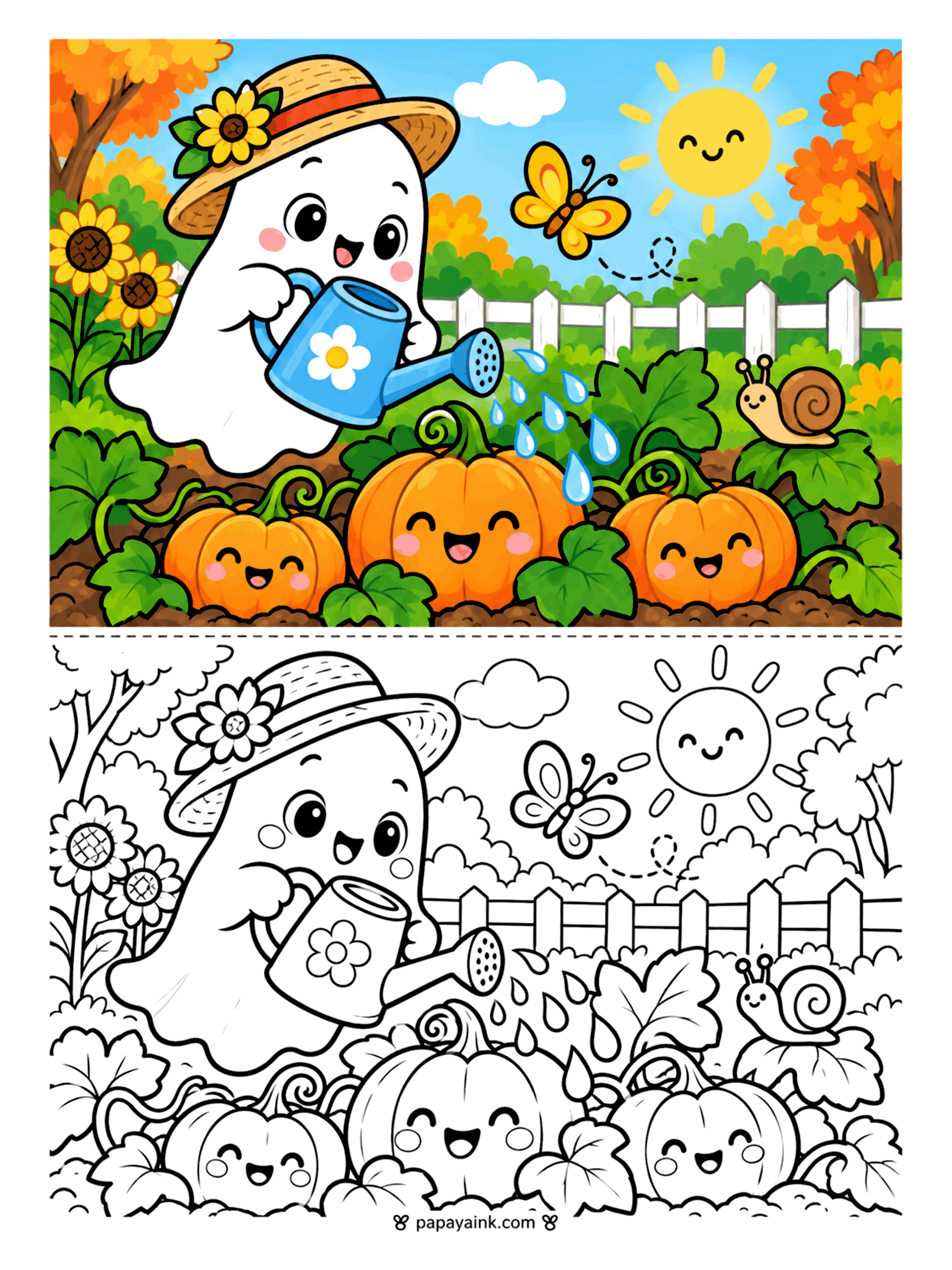 Ghost Coloring Pages - A ghost in a straw sun hat waters a row of smiling pumpkins while a butterfly, a snail, and a sunny sky look on. Detailed.