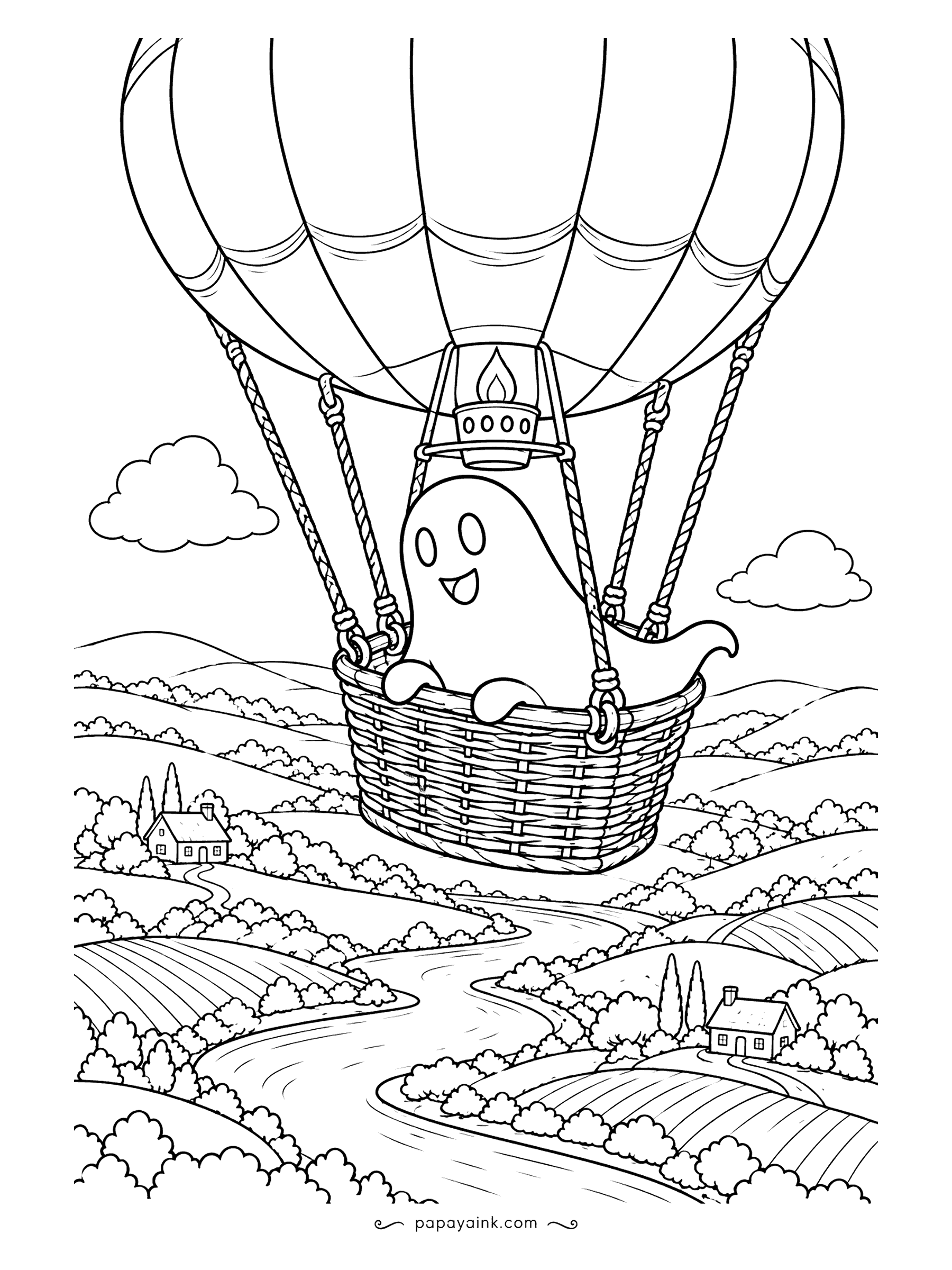 Ghost Coloring Pages - Somebody has to check on the farms below, and the ghost volunteered. It waves from a woven basket as the balloon drifts over hills, cottages and a winding river. Woodcut-style lines, lovely in earthy colors.