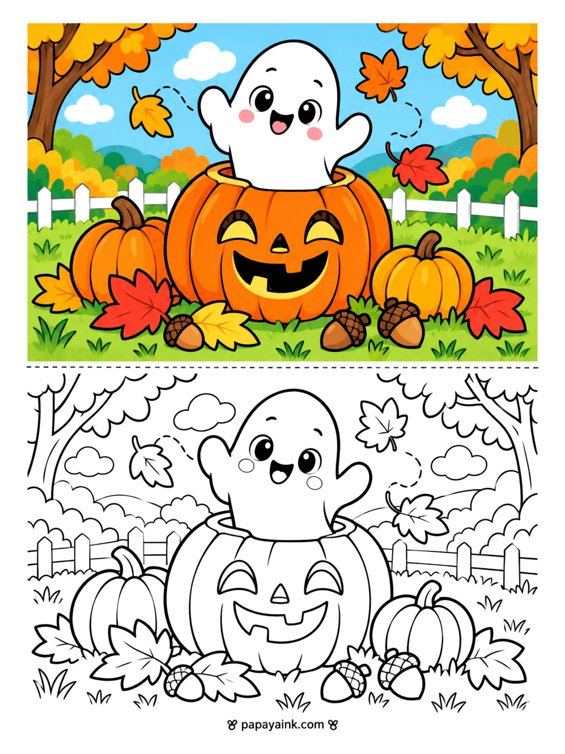Ghost Coloring Pages - A cheerful ghost pops out of a grinning jack-o-lantern in a pumpkin patch, with falling maple leaves, acorns, and a white picket fence. Detailed.