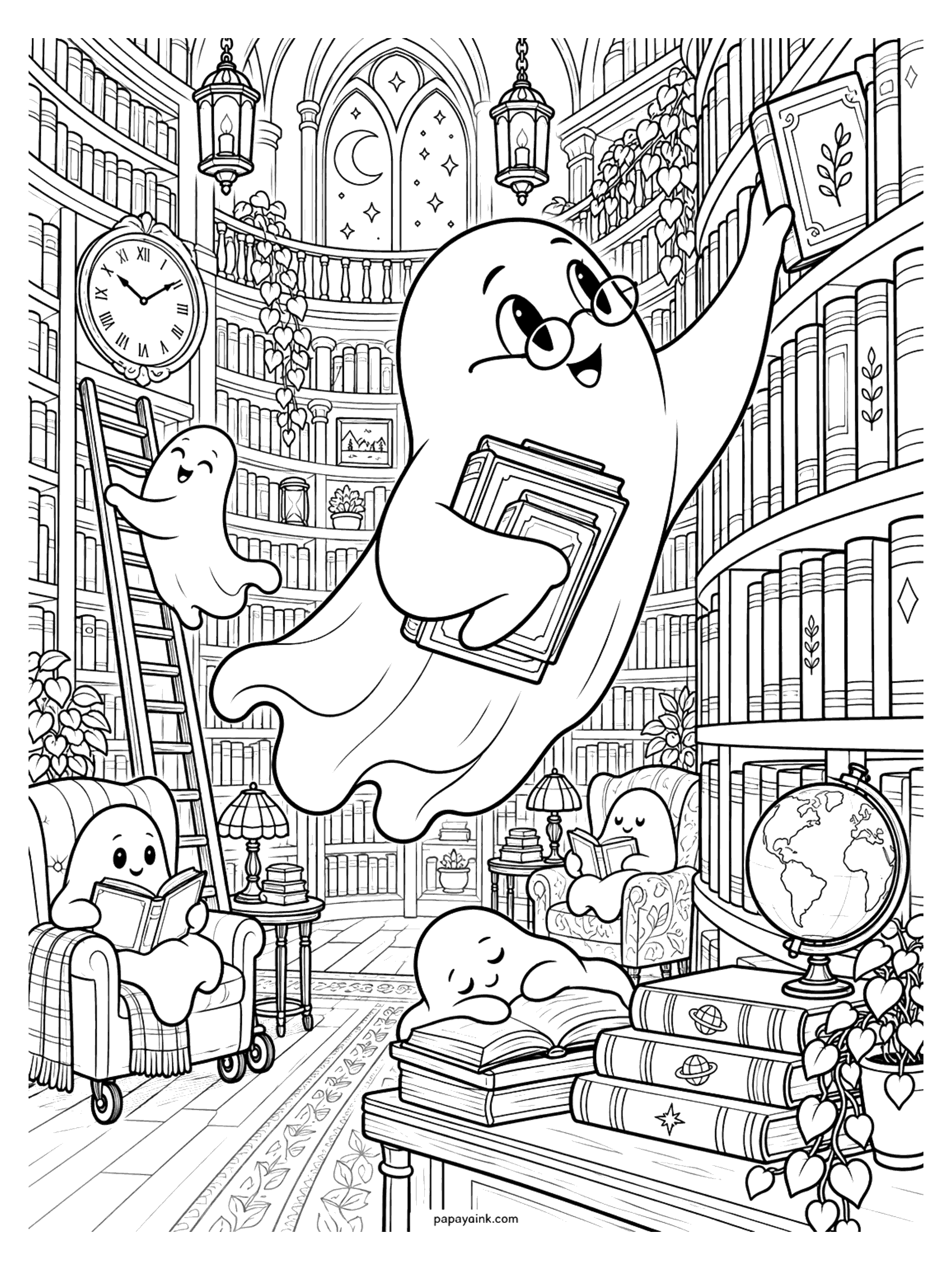 Ghost Coloring Pages - A ghost librarian in round glasses floats up to shelve a book in a towering library, while other ghosts read in armchairs, climb the ladder, and nap on an open book. Detailed.