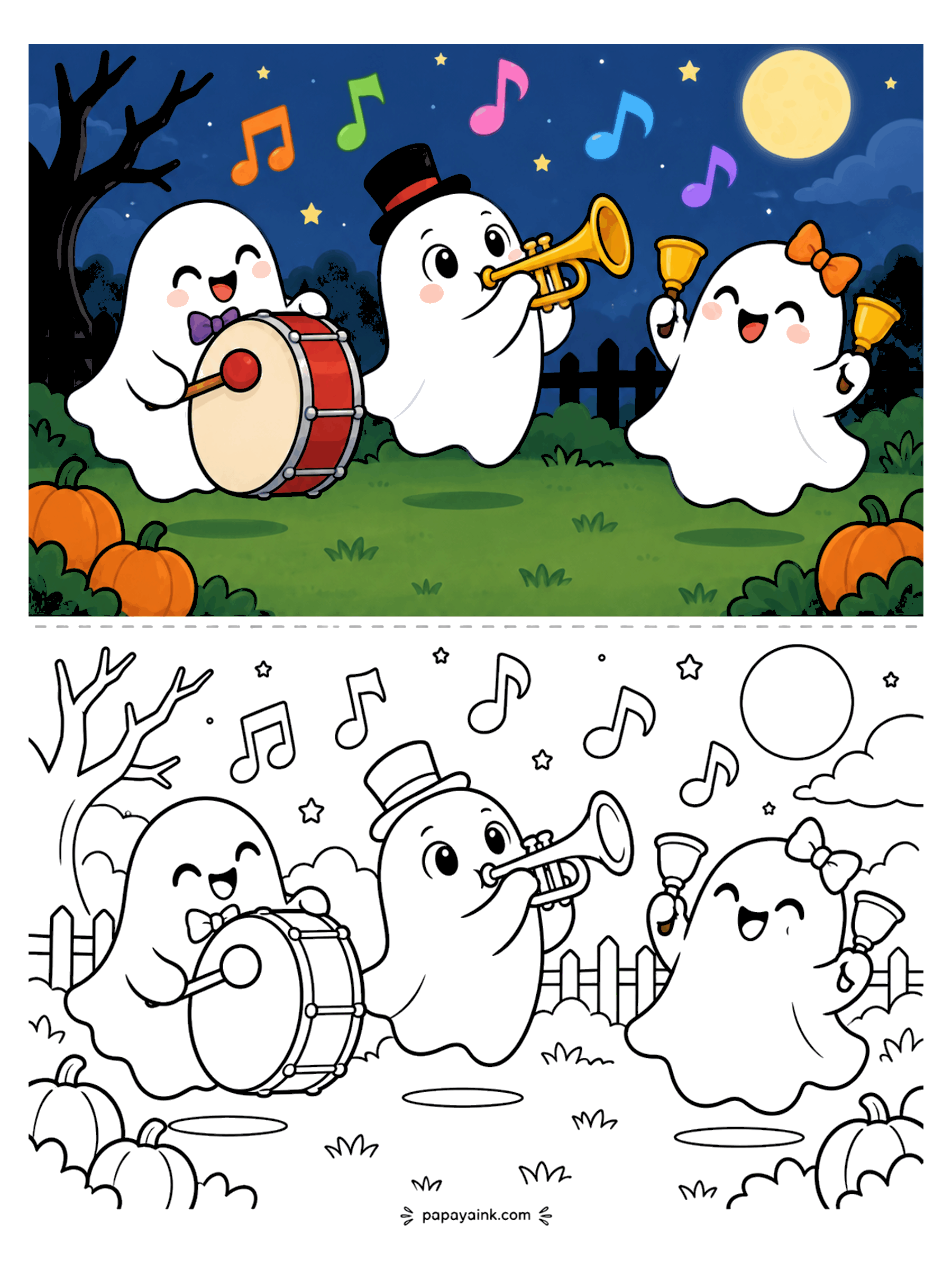 Ghost Coloring Pages - Three ghosts play a drum, a trumpet, and hand bells under a full moon, with music notes floating over a pumpkin patch.