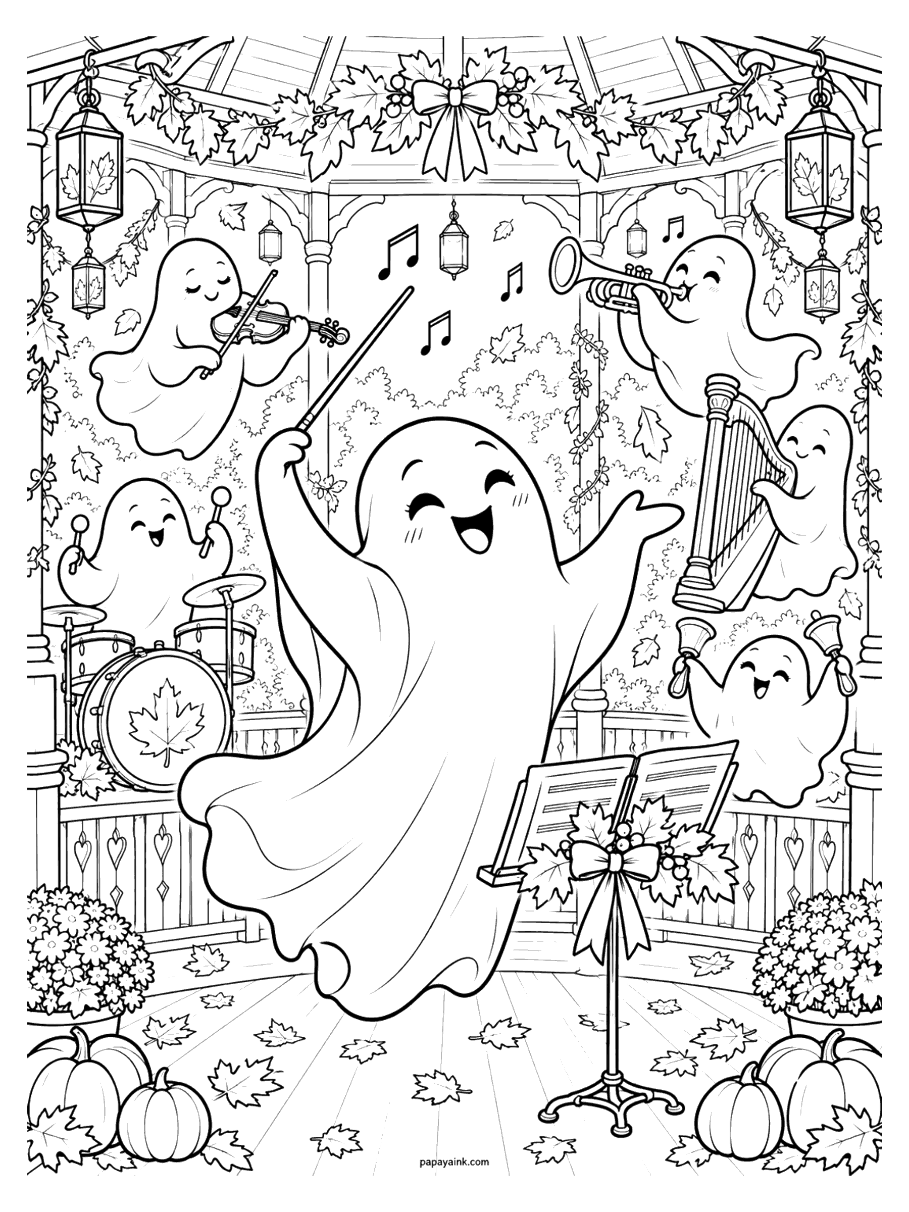 Ghost Coloring Pages - A joyful ghost conducts a little orchestra in a garden gazebo, with ghost musicians on violin, trumpet, harp, drums, and hand bells, leaf garlands, lanterns, and pumpkins by the steps. Detailed.