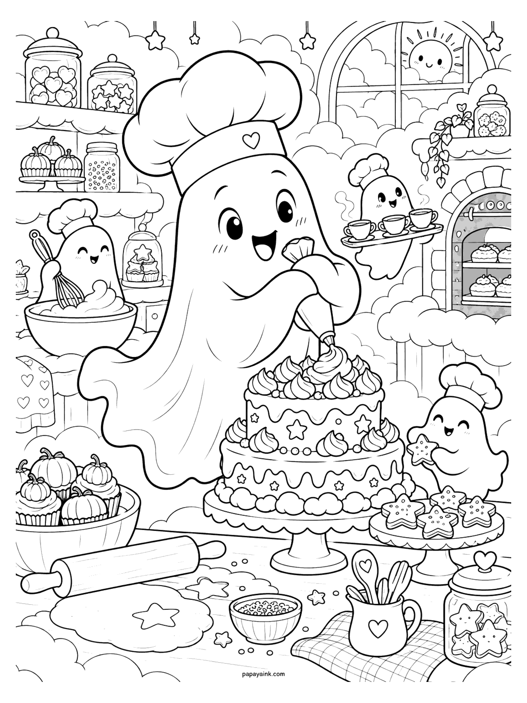 Ghost Coloring Pages - A ghost pastry chef in a tall hat pipes frosting onto a three-tier star cake while small helper ghosts whisk cream, carry teacups, and nibble star cookies in a cloud-soft bakery. Detailed.