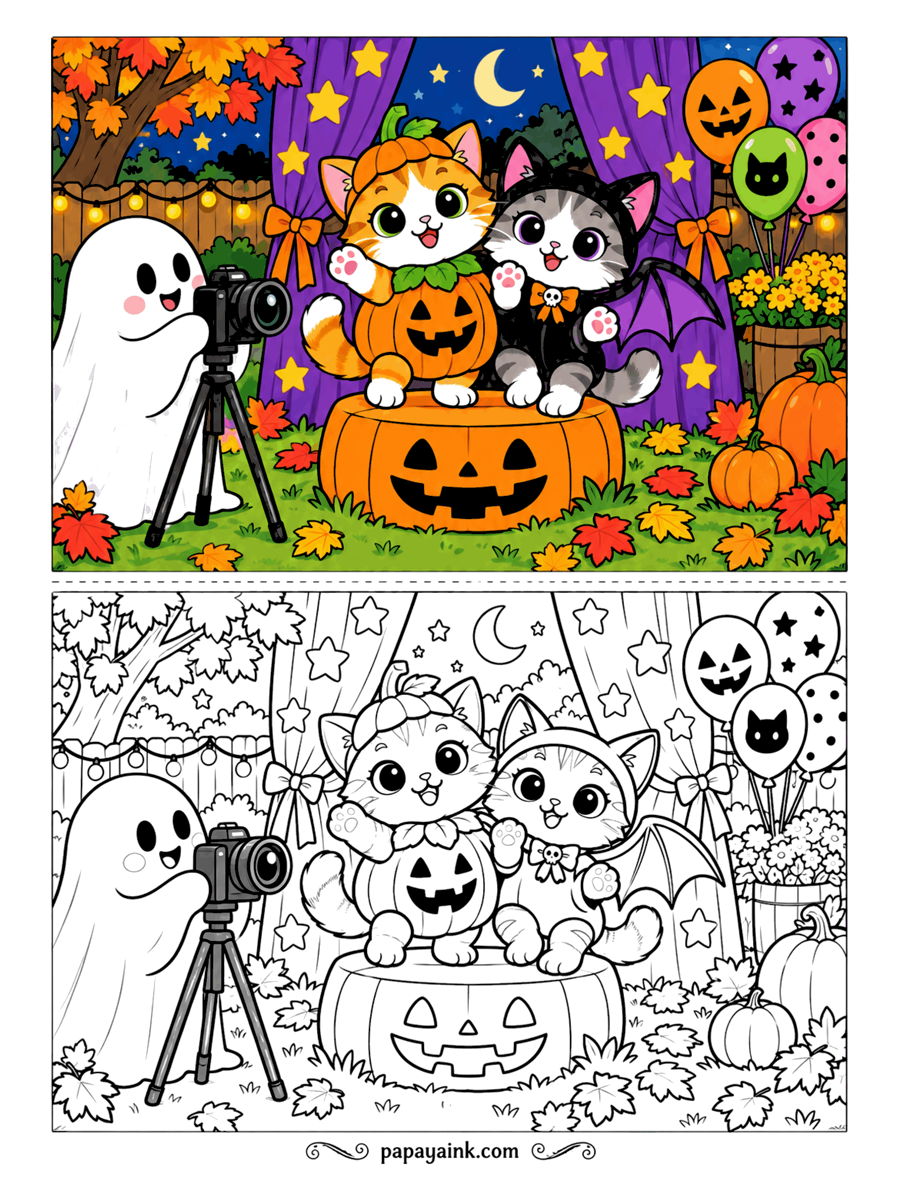 Halloween Cat Coloring Pages - Say cheese. A ghost on a tripod photographs two kittens posing on a giant jack-o-lantern, one in a pumpkin suit and one in a bat costume, with balloons and purple curtains behind. Balloons and stars are quick wins before the busy backdrop.