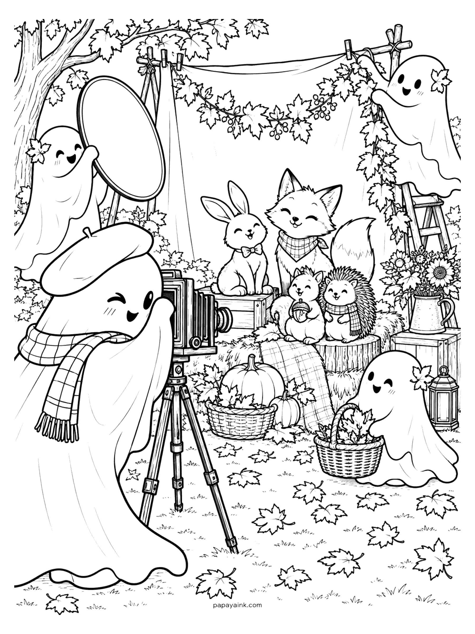 Ghost Coloring Pages - A ghost photographer in a beret and plaid scarf takes an autumn portrait of a bunny, a fox, a squirrel, and a hedgehog with a vintage tripod camera, while helper ghosts hold the reflector and hang a leaf garland. Detailed.