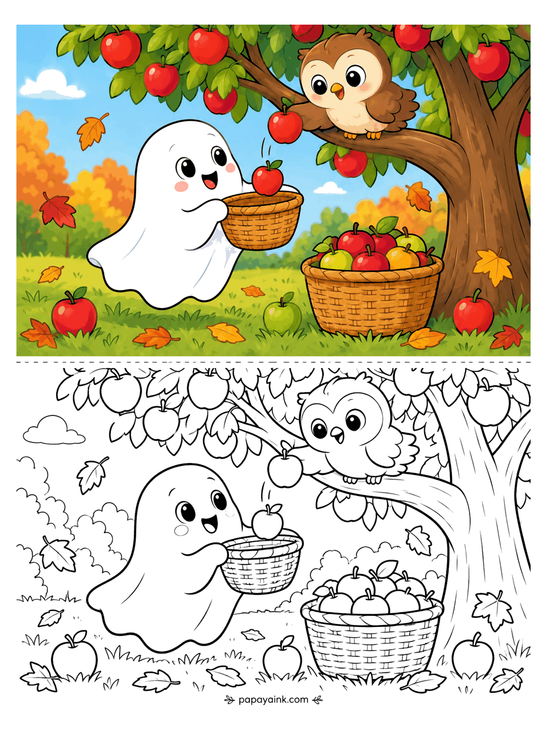 Ghost Coloring Pages - A ghost catches falling apples in a basket while an owl drops them from the branch of a leafy apple tree. Detailed.