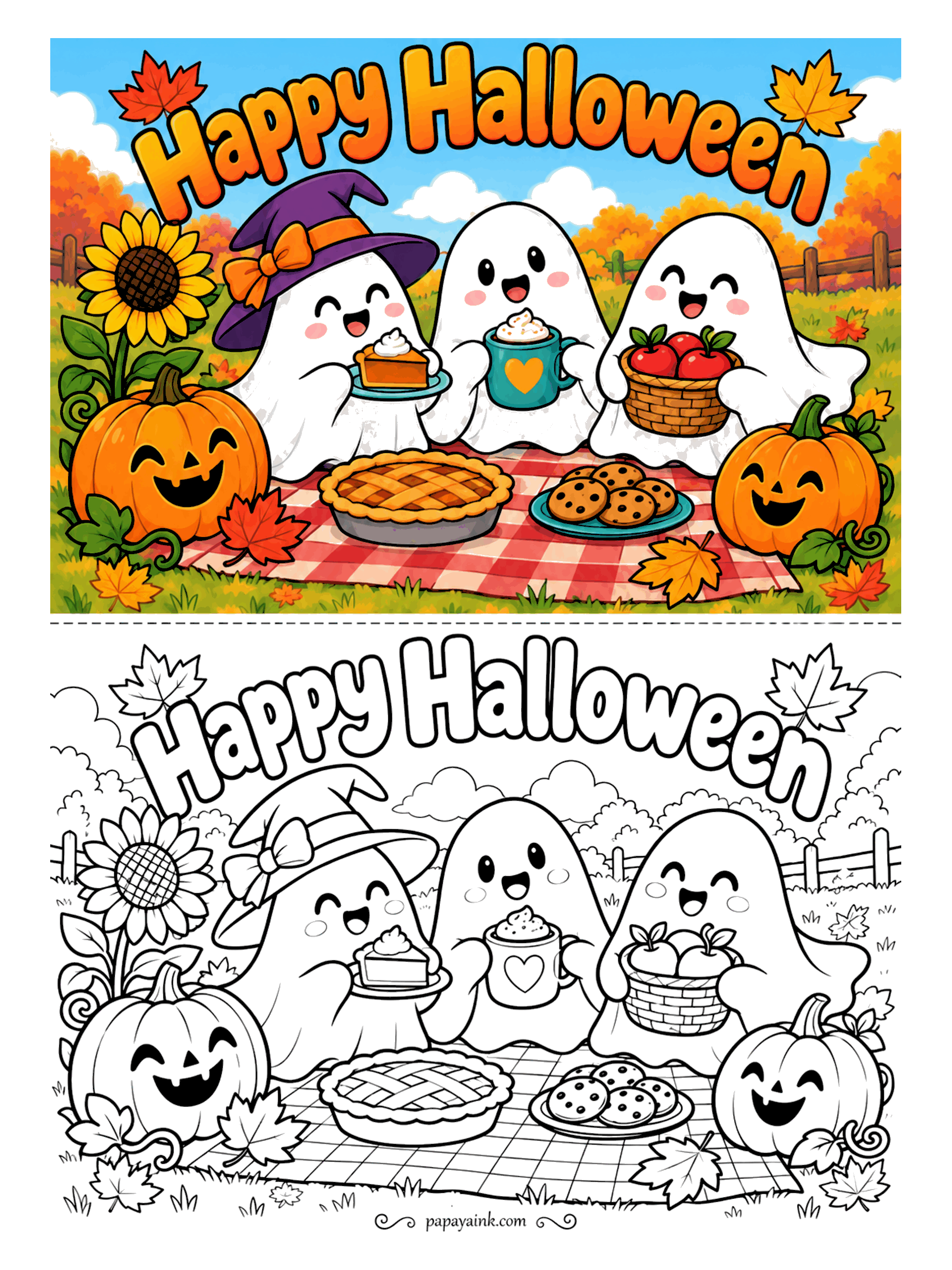 Halloween Coloring Pages - The ghosts packed well. Pie, cookies, cocoa and a basket of apples on a checked blanket, one slice already claimed. Leave the ghosts white and let the red picnic cloth carry the color.