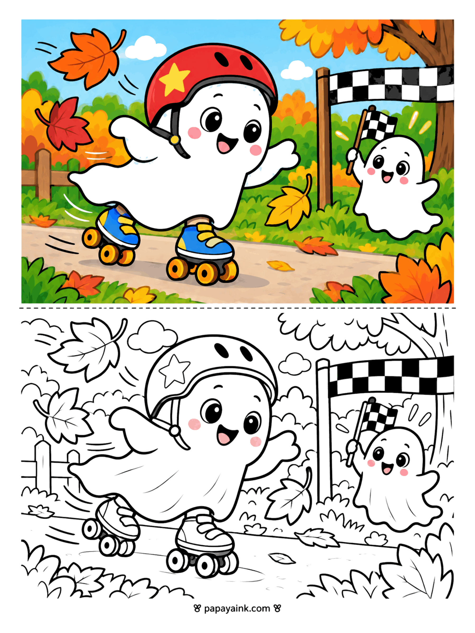 Ghost Coloring Pages - A ghost in a star helmet speeds toward the finish line on roller skates while a friend waves a checkered flag under an autumn tree.