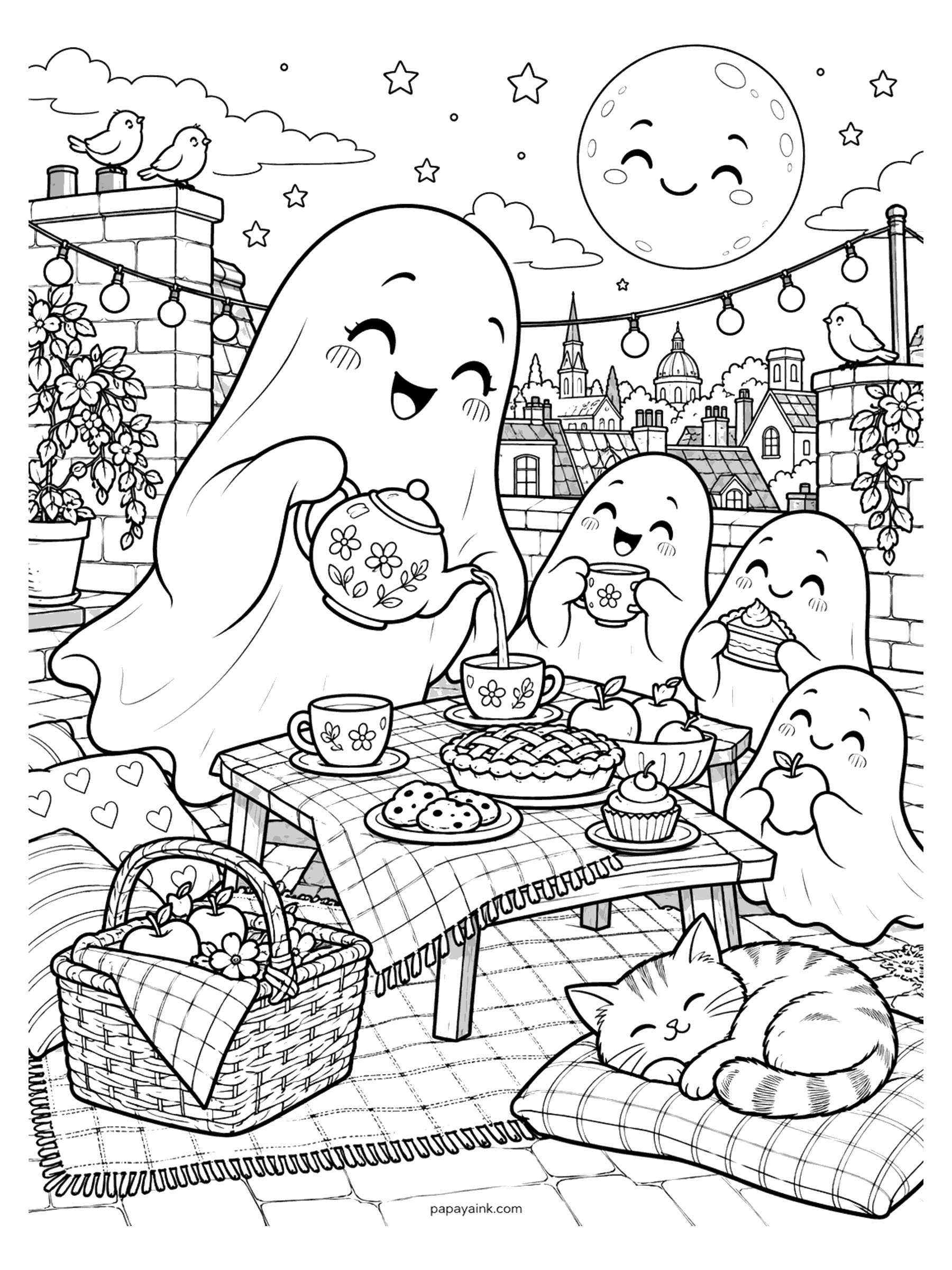 Ghost Coloring Pages - A ghost pours tea from a flowered teapot at a rooftop picnic with pie, cookies, and apples, as friends sip and snack under string lights, a smiling full moon, and a cat sleeps on a cushion. Detailed.