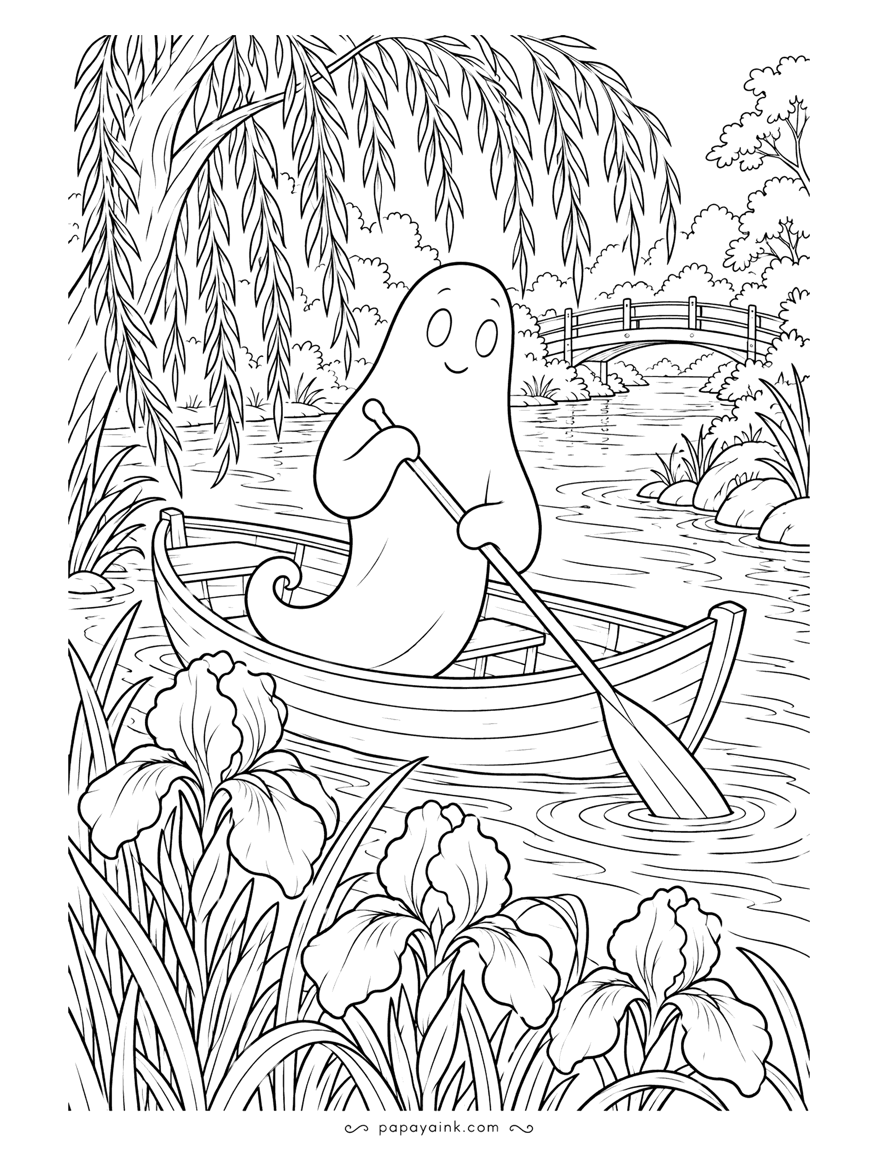 Ghost Coloring Pages - A slow afternoon on the river: the ghost rows a wooden boat beneath a weeping willow, past irises and toward a little arched bridge. Long flowing lines in the Art Nouveau spirit.