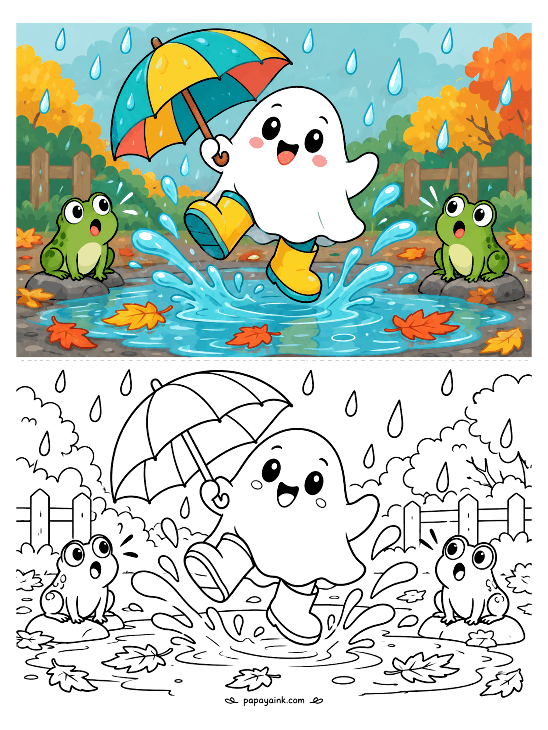 Ghost Coloring Pages - A ghost in rain boots jumps into a puddle with a striped umbrella while two surprised frogs watch from the rocks. Detailed.