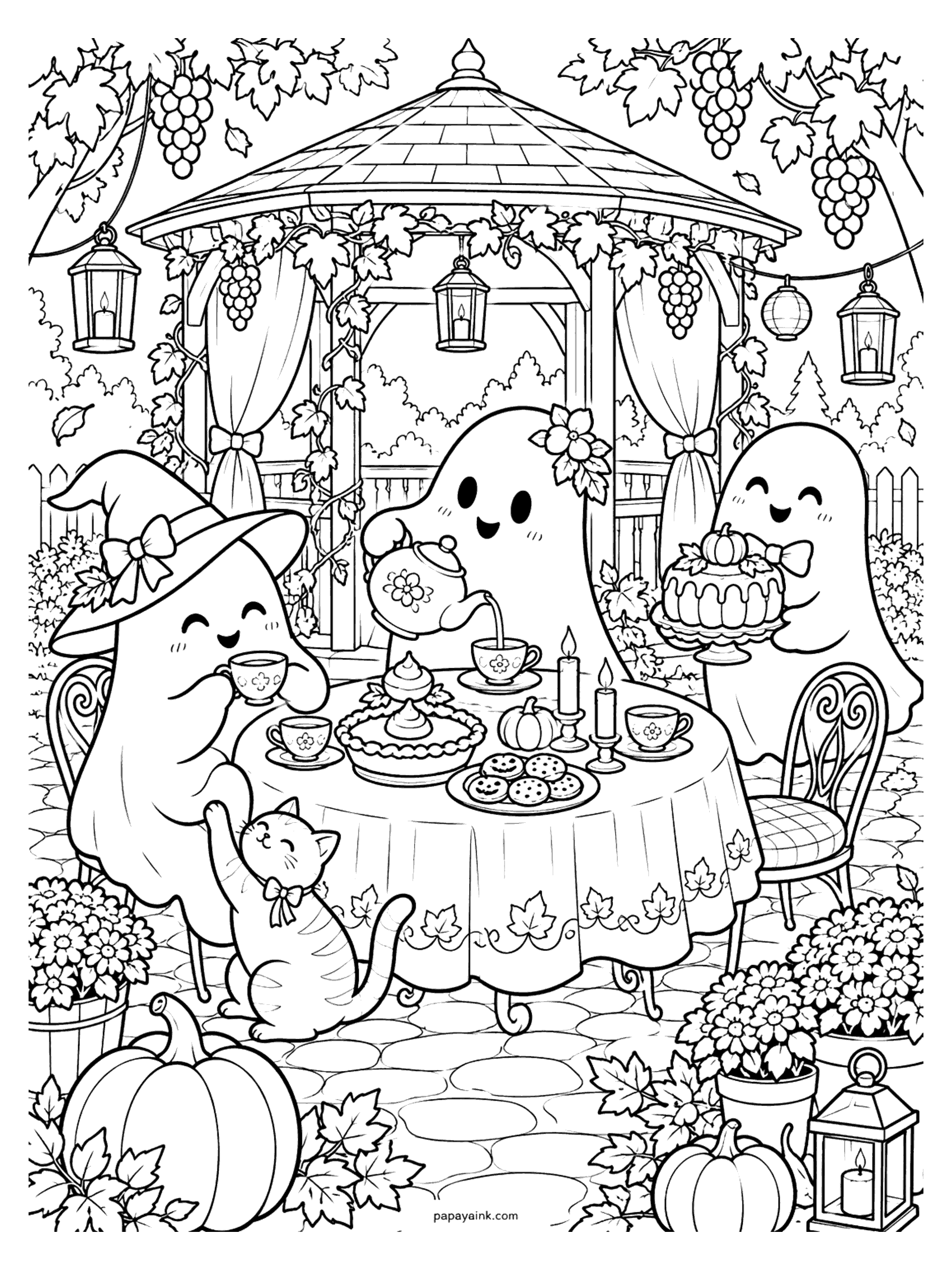Halloween Coloring Pages - Three cheerful ghosts share tea, pumpkin pie, cookies and a frosted cake at a round table by a vine-covered gazebo, with a kitten begging for a bite. Detailed