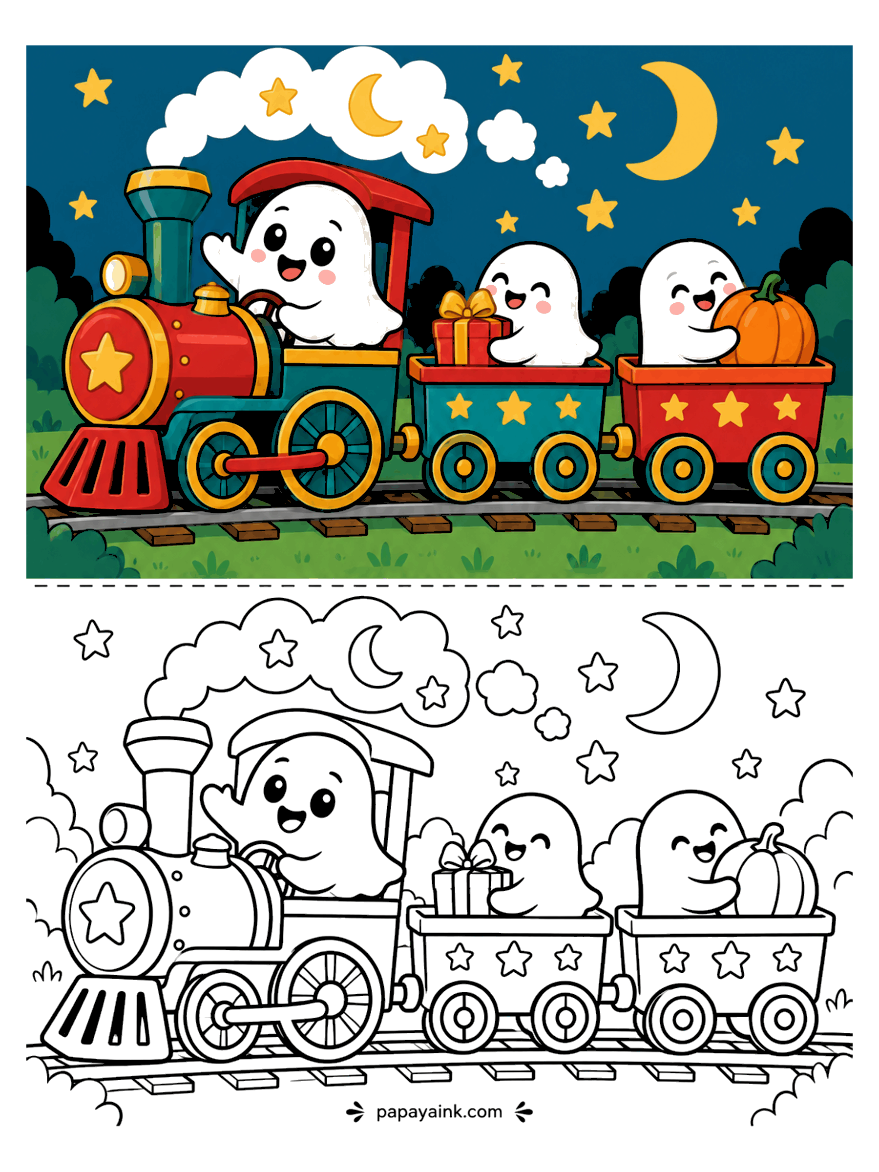 Ghost Coloring Pages - A ghost drives a steam train with two wagons carrying a gift and a pumpkin past a crescent moon and stars.