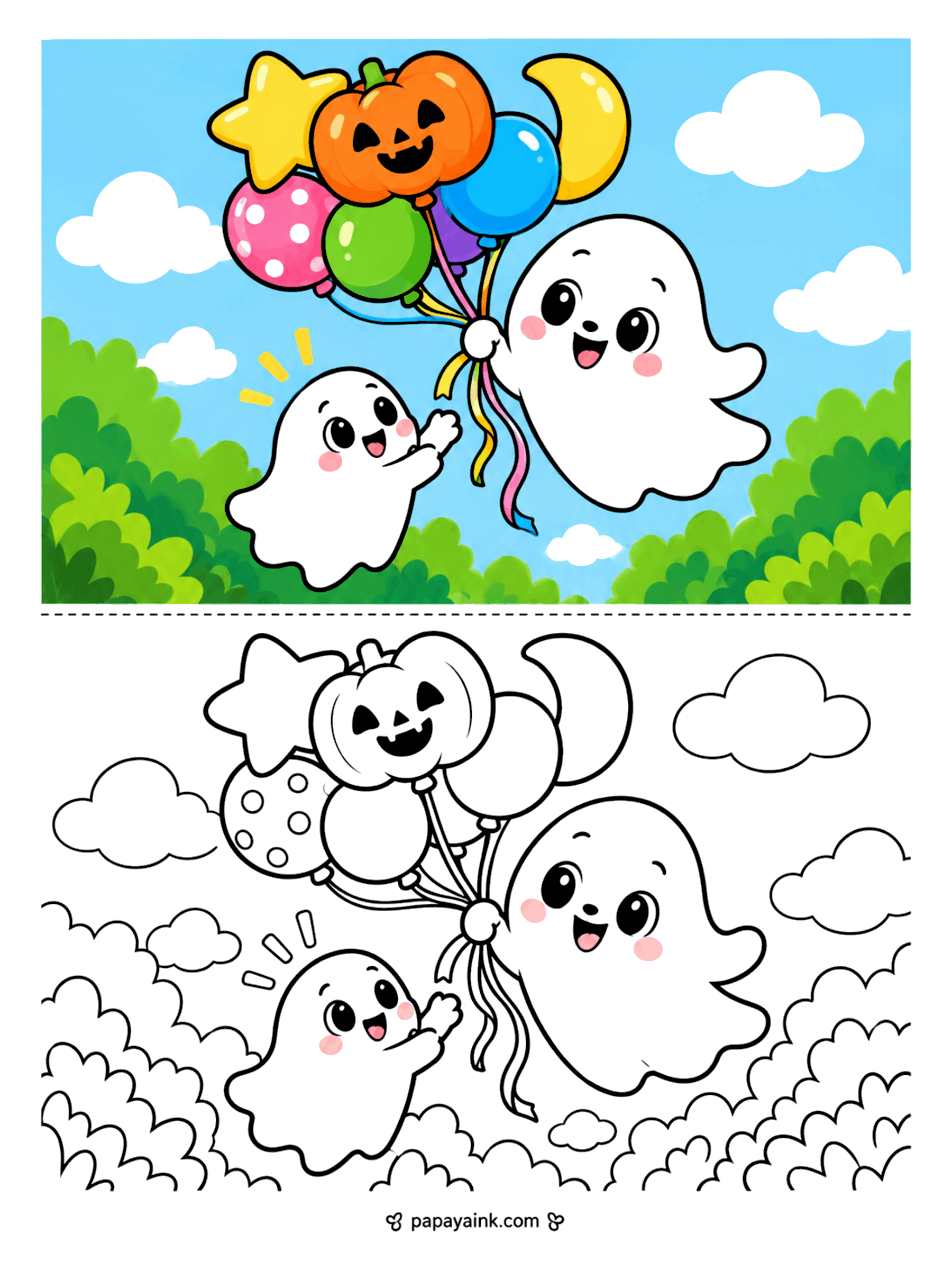 Ghost Coloring Pages - A ghost floats up into the clouds holding a bunch of balloons shaped like a star, a pumpkin, and a crescent moon, while a friend reaches up to join.