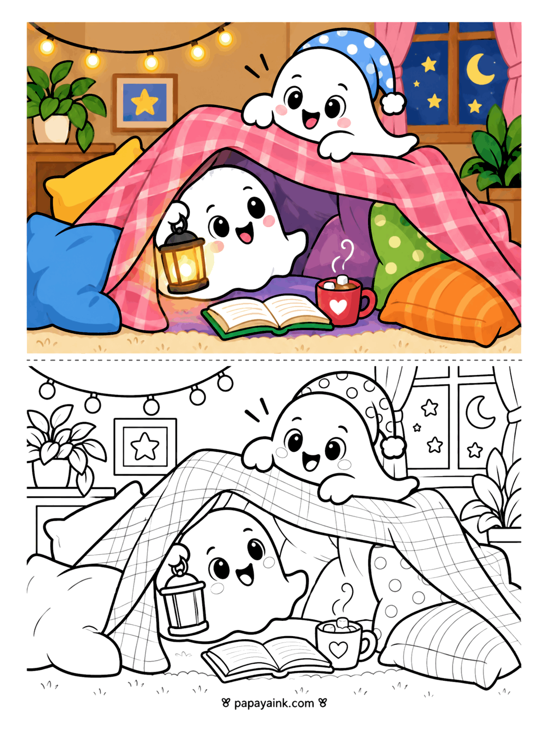 Ghost Coloring Pages - Two ghosts build a blanket fort with pillows, string lights, a lantern, a book, and a mug of hot cocoa on a starry night. Detailed.