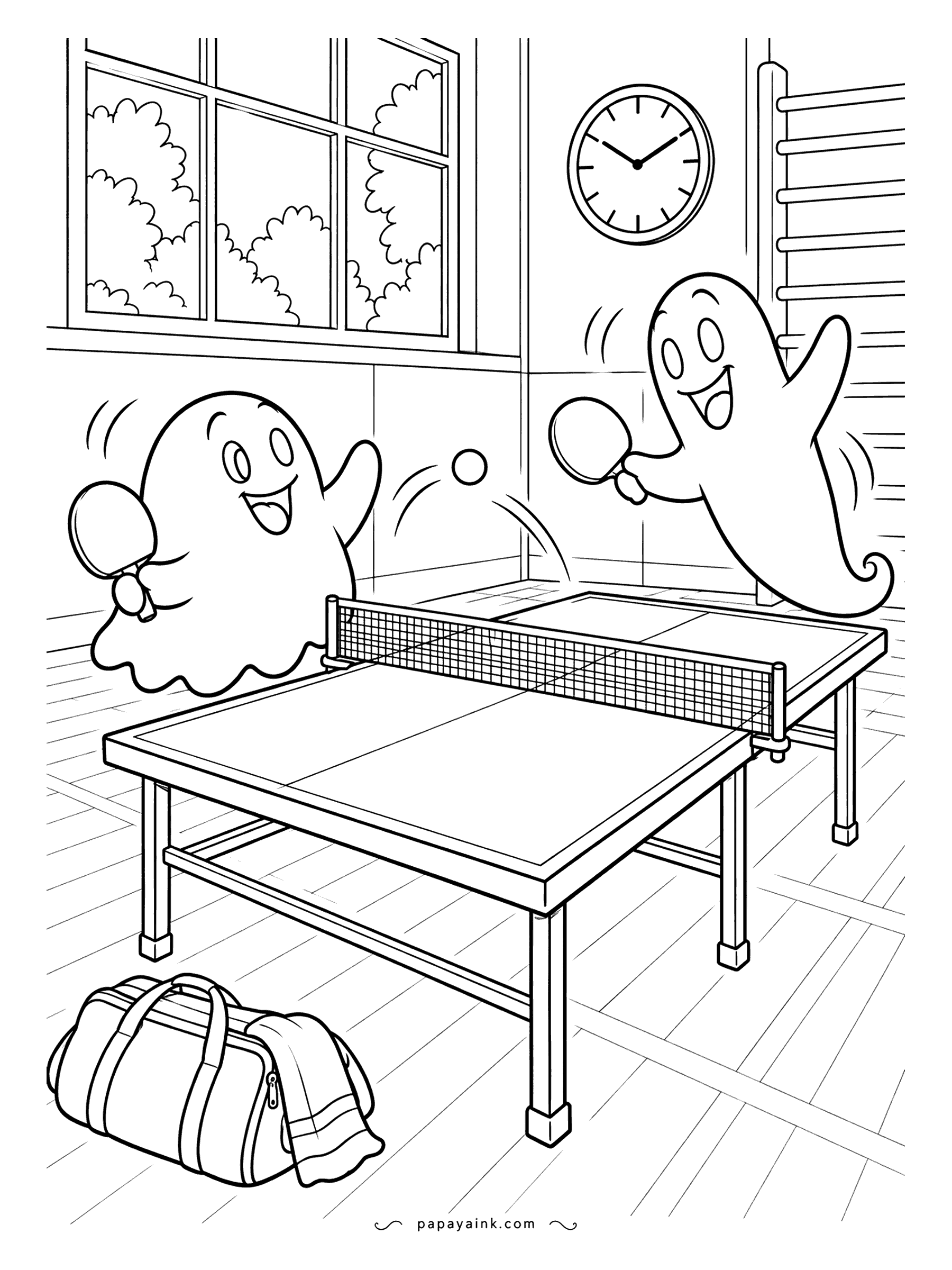 Ghost Coloring Pages - Point, game, and the ball is still in the air. Two ghosts rally across a ping-pong table in a sunny gym, a sports bag and towel on the floor. Bold retro comic outlines, perfect for markers.