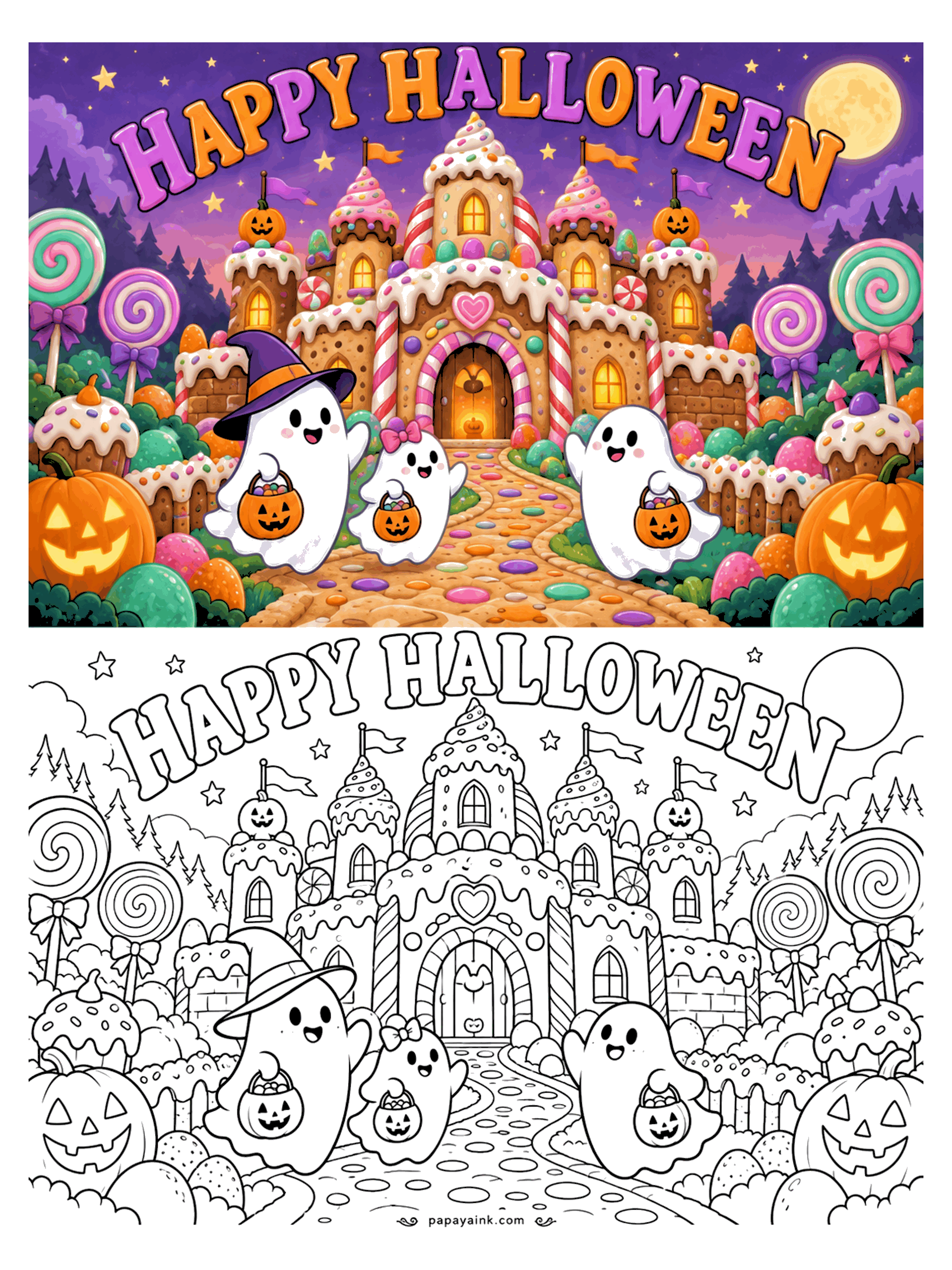 Halloween Coloring Pages - A ghost family with pumpkin buckets walks the candy-cobbled path to a frosted gingerbread castle under a full moon. Detailed