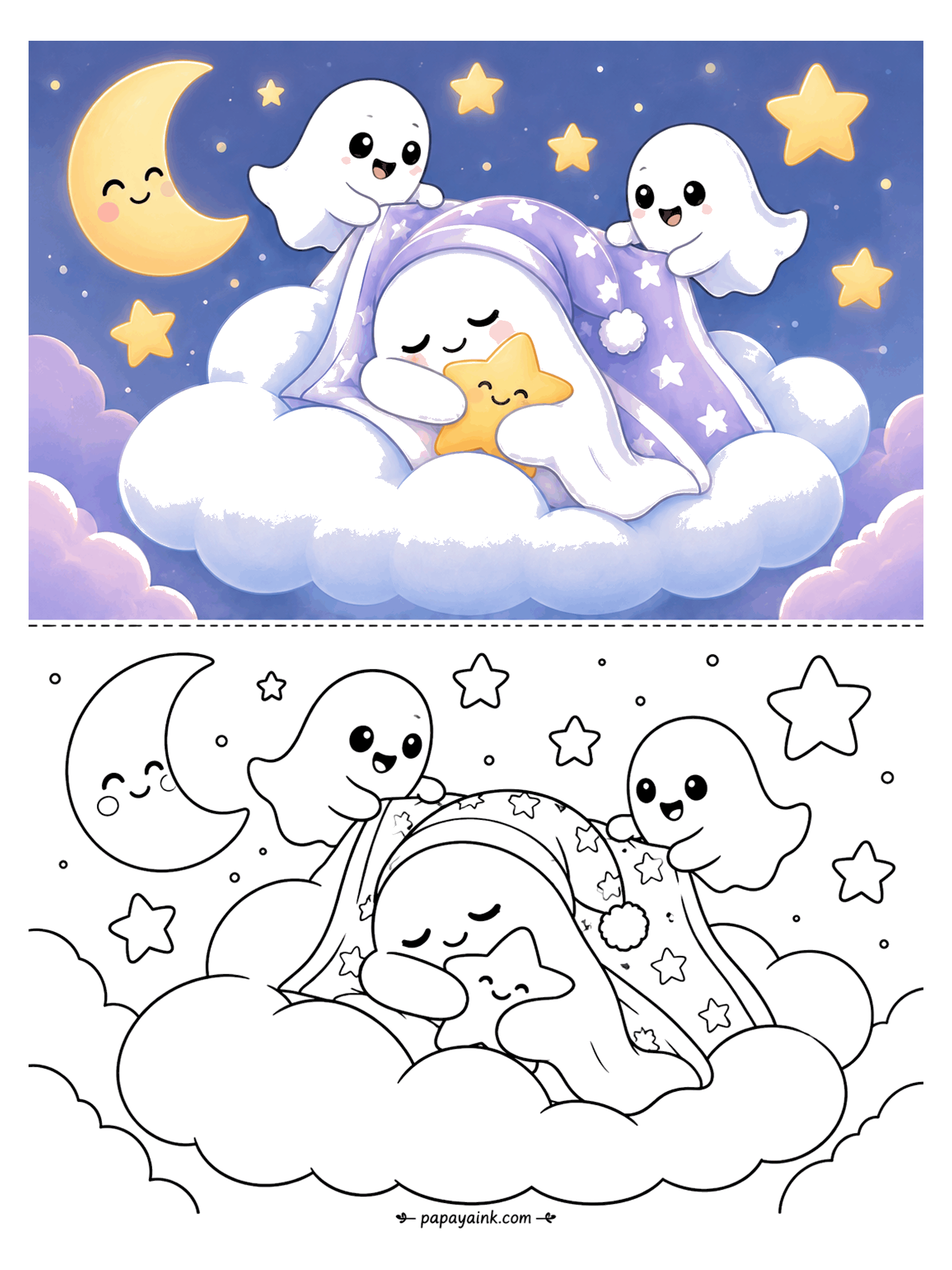Ghost Coloring Pages - Two ghosts tuck a sleeping friend into a star blanket on a fluffy cloud, with a smiling moon and stars overhead.