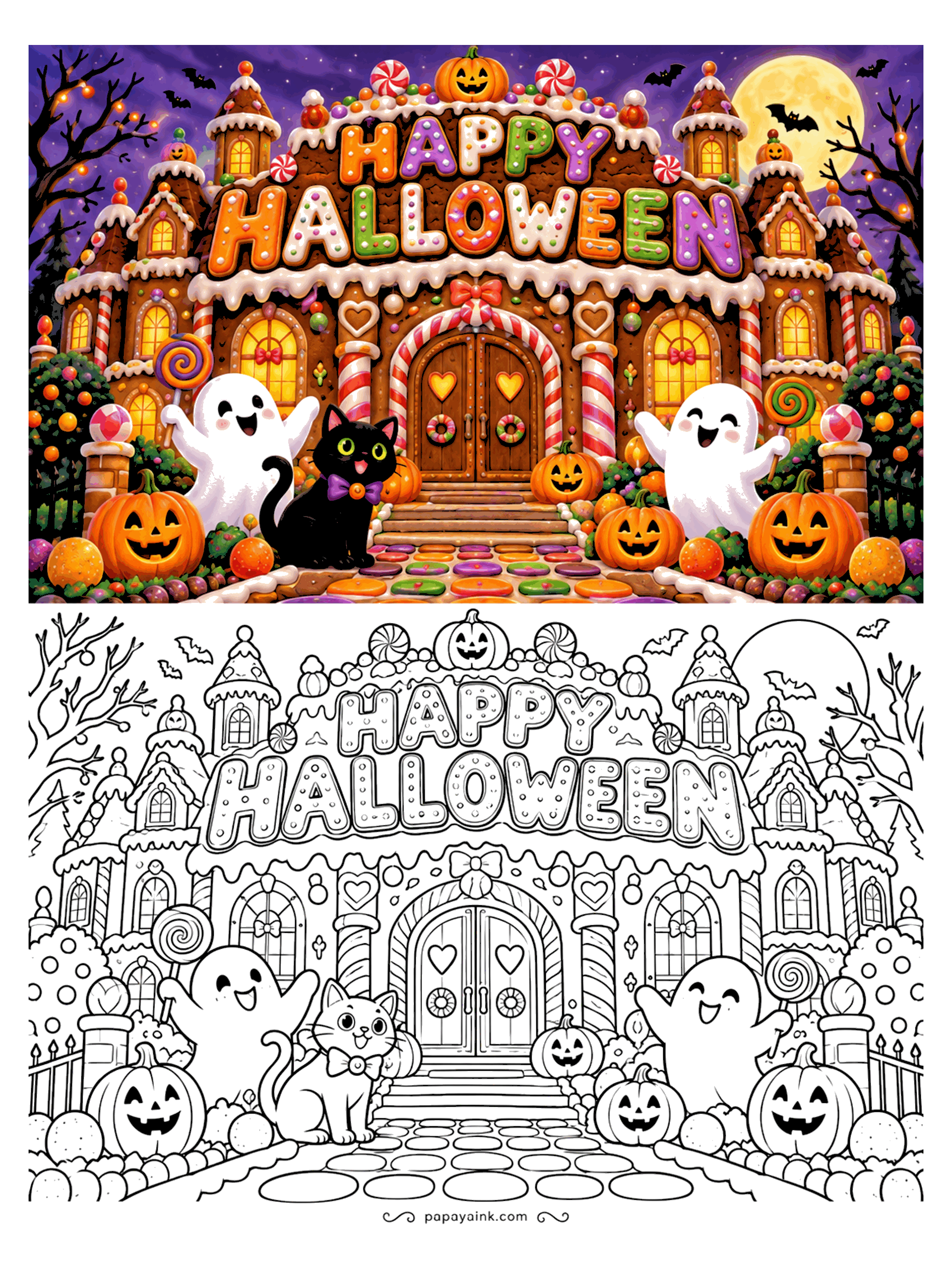 Halloween Coloring Pages - Two ghosts with lollipops and a black cat in a bow tie greet you at the candy-cane door of a frosted gingerbread mansion. Detailed