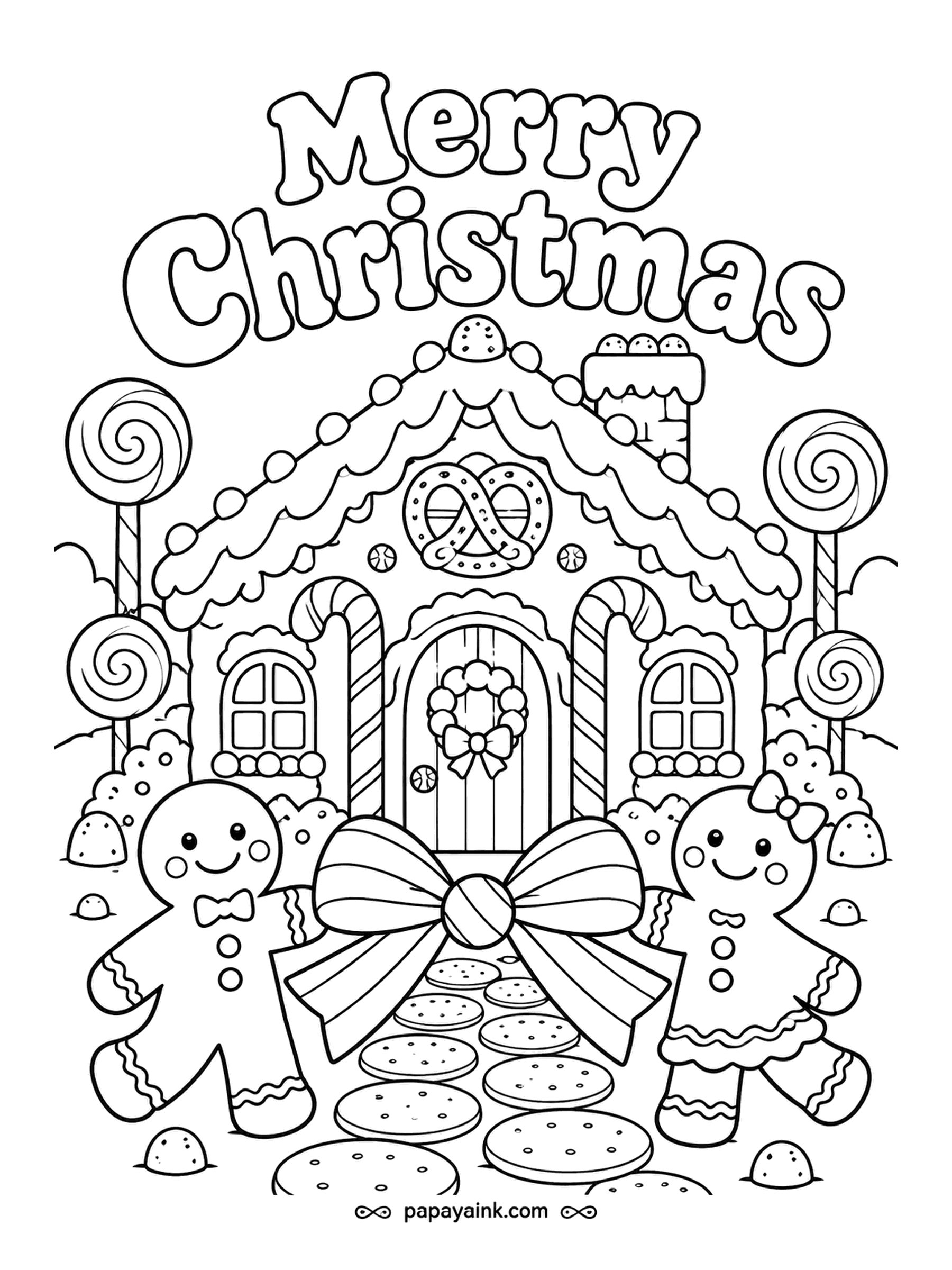 Merry Christmas Coloring Pages - The gingerbread couple has come out front to show off the place: pretzel in the gable, lollipop lampposts, cookie stepping stones. Thick lines, nothing fiddly. Pink and white on the bow make it look like real icing.