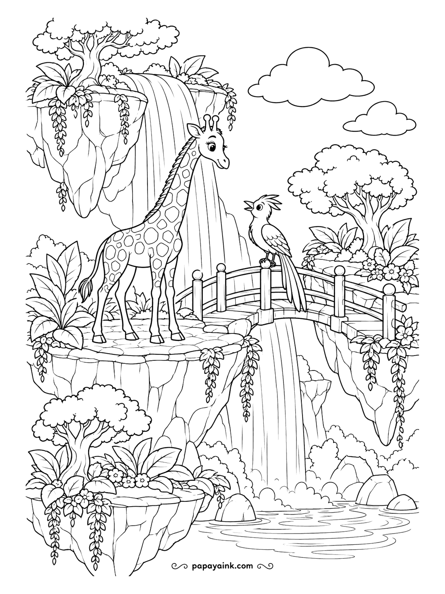 Giraffe Coloring Pages - Floating islands, a tall waterfall and an arched wooden bridge where a crested bird sings to a giraffe. Detailed.
