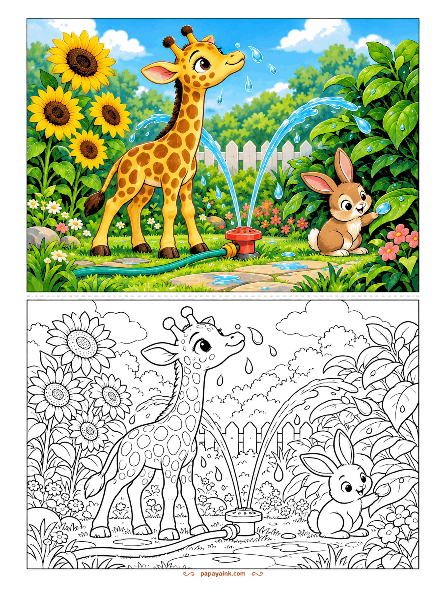 Giraffe Coloring Pages - Summer garden coloring page with sunflowers, a picket fence and a lawn sprinkler; the giraffe catches the drops and the bunny reaches for one too. Detailed.