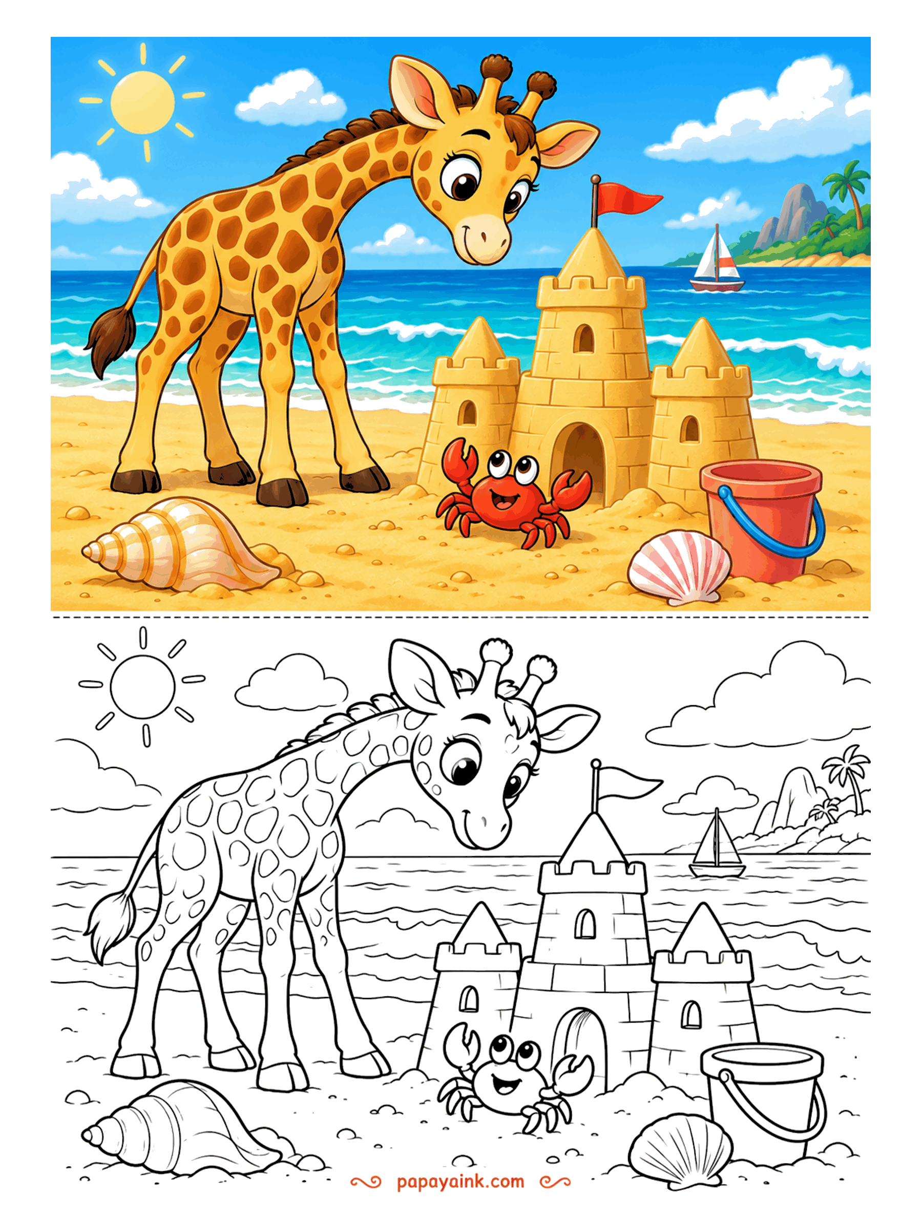 Giraffe Coloring Pages - Beach day giraffe: a sandcastle with a flag on top, a cheerful red crab at the gate, seashells, a bucket and a sailboat out on the water.