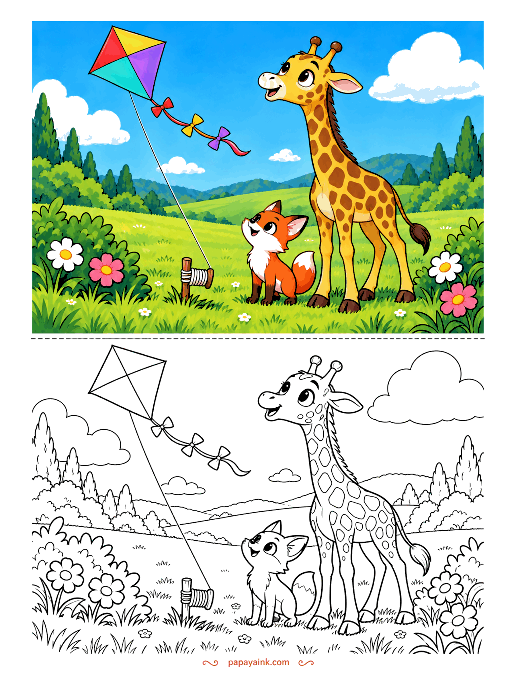 Giraffe Coloring Pages - Kite day: a diamond kite with a bow tail climbs over the meadow while a giraffe and a little fox watch it go.