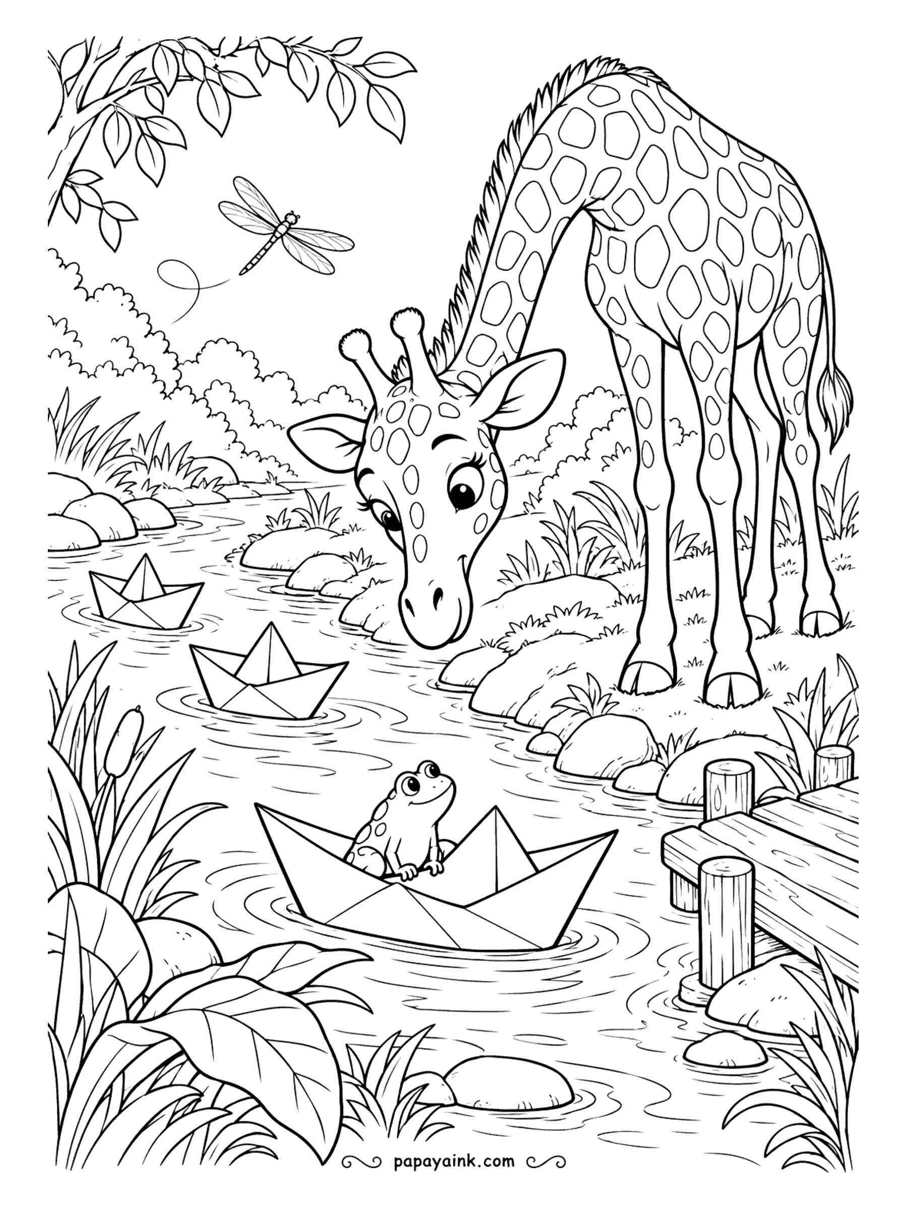 Giraffe Coloring Pages - Paper boats drift down a quiet stream, one of them with a frog for a captain, and a giraffe leans in for a closer look.