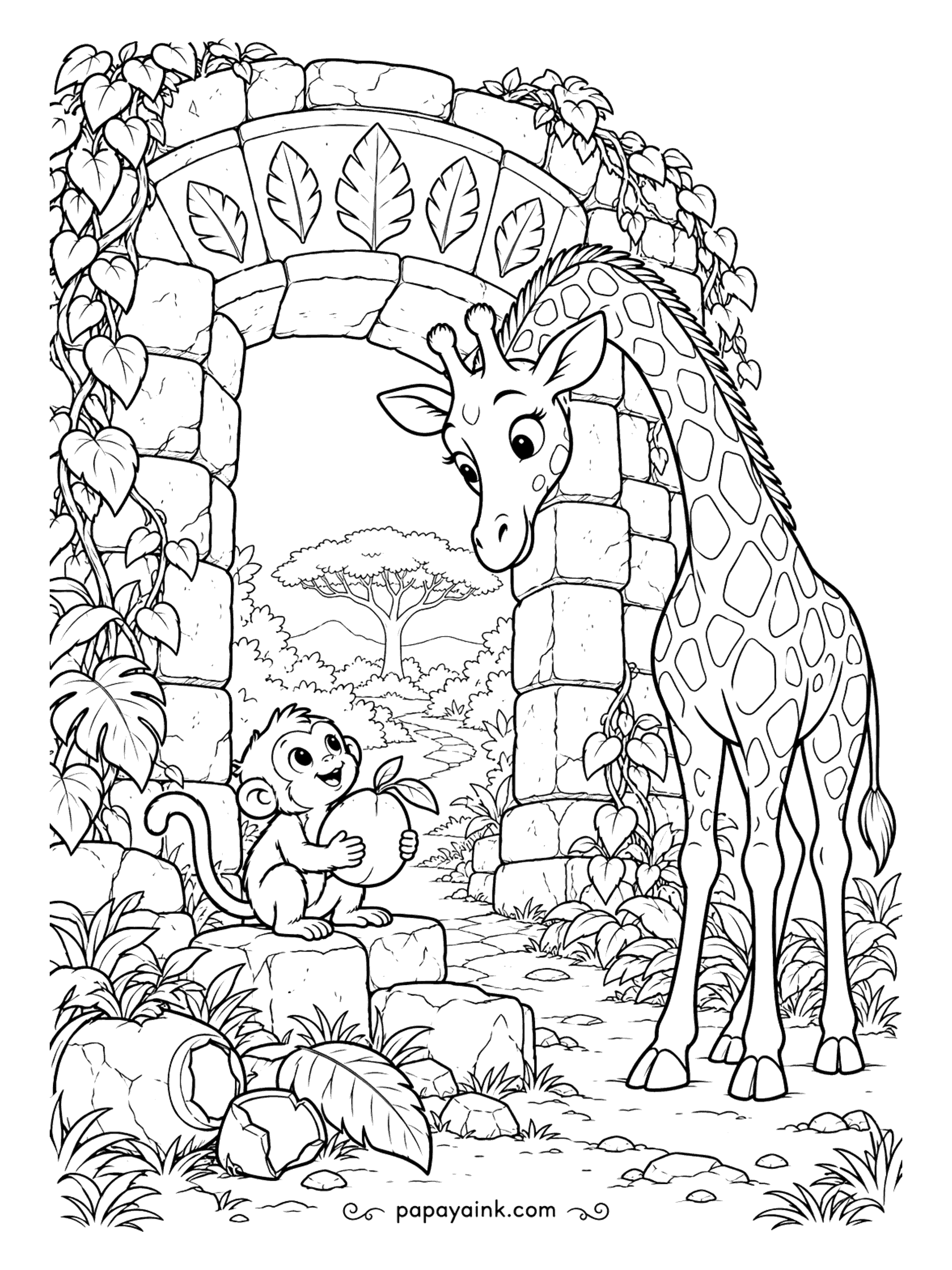 Giraffe Coloring Pages - Jungle ruins giraffe coloring page: an ivy-covered stone arch, a path to the savanna beyond and a little monkey holding a mango. Detailed.