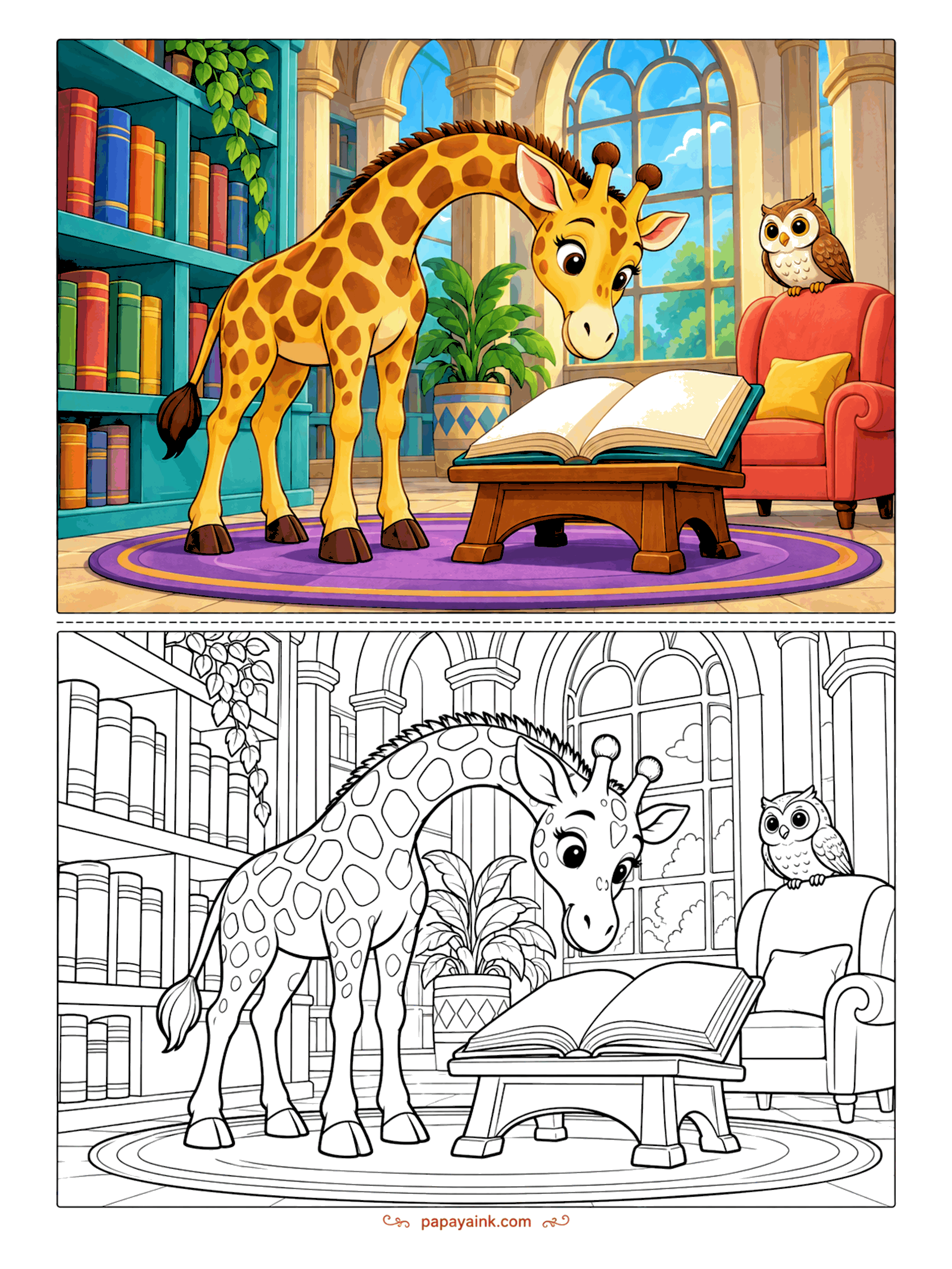 Giraffe Coloring Pages - In a sunlit library with arched windows, a giraffe bends over a huge open book while an owl looks on from a red armchair. Detailed.