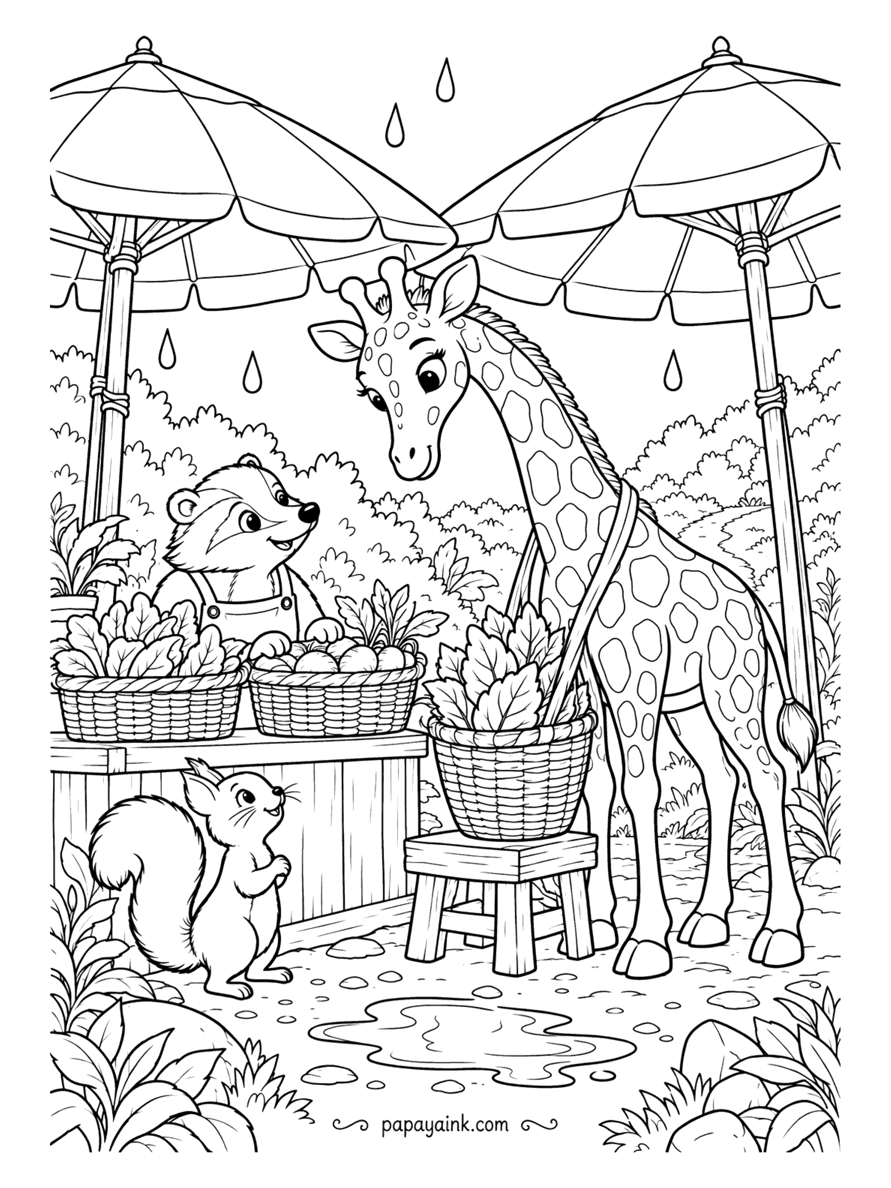 Giraffe Coloring Pages - Rainy market day: a badger sells greens under wide umbrellas, a squirrel waits its turn and a giraffe carries the baskets. Detailed.