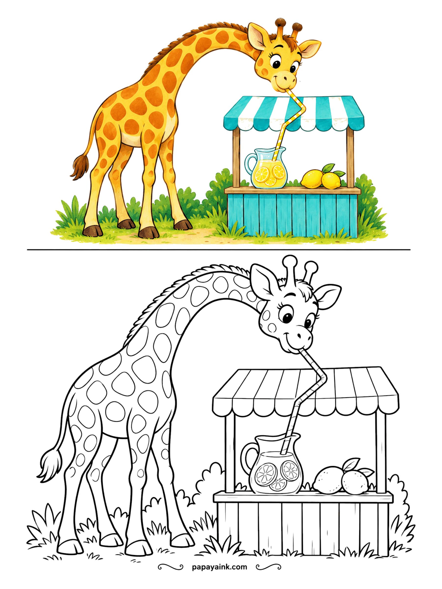 Copy Coloring Pages - Thirsty giraffe, very long straw. It leans over the striped awning of the lemonade stand and drinks straight from the pitcher, lemons stacked on the counter. Lemon yellow, sky-blue stripes and giraffe patches in warm tan.