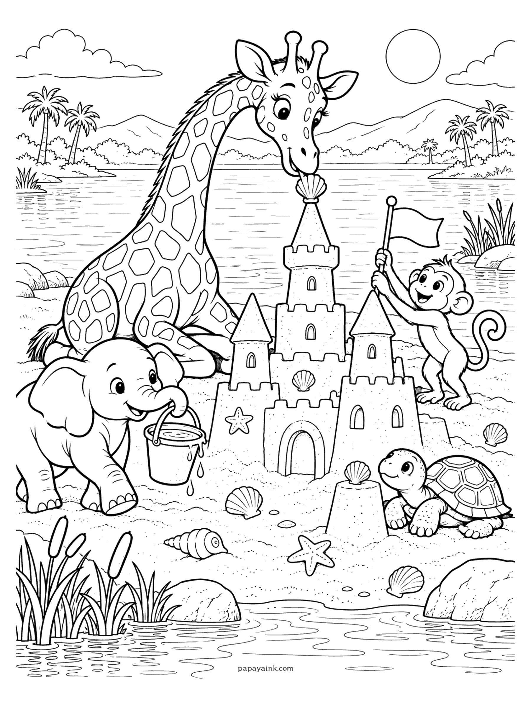 Giraffe Coloring Pages - Giraffe, elephant, monkey and turtle build a tall sandcastle decorated with seashells on the beach.