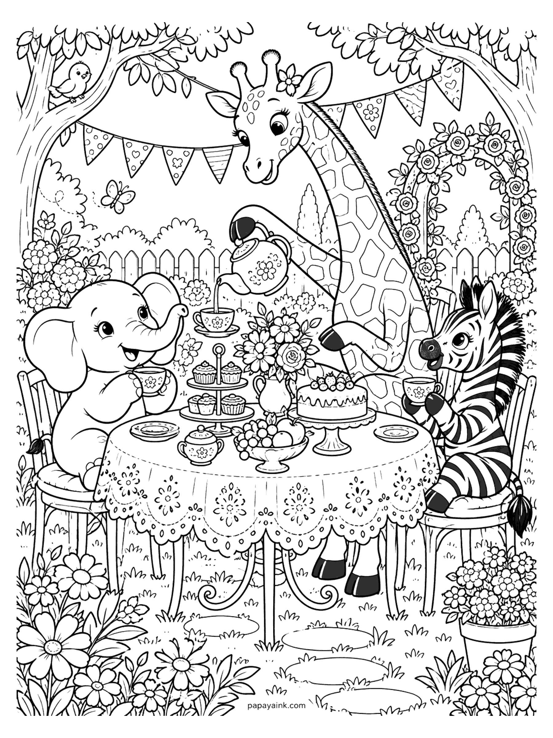 Giraffe Coloring Pages - A giraffe pours tea for an elephant and a zebra at a lace-covered table in a blooming garden. Detailed.