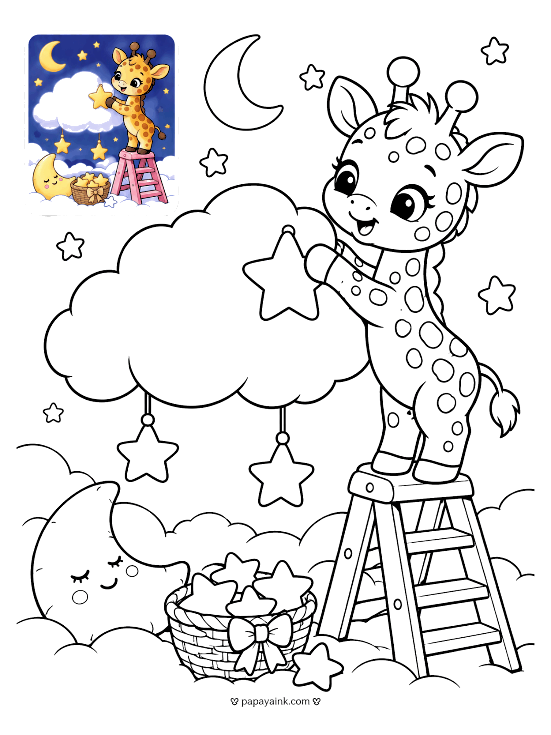 Color Guide Coloring Pages - Color guide coloring page of a giraffe on a stepladder hanging stars on a cloud beside a sleeping moon