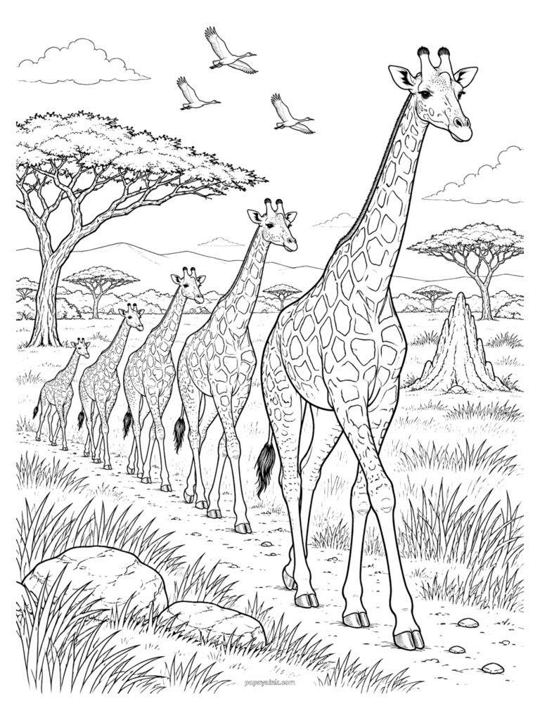 Giraffe Coloring Pages - Giraffe herd coloring page: a line of giraffes walking single file across the savanna under flying cranes. Detailed.