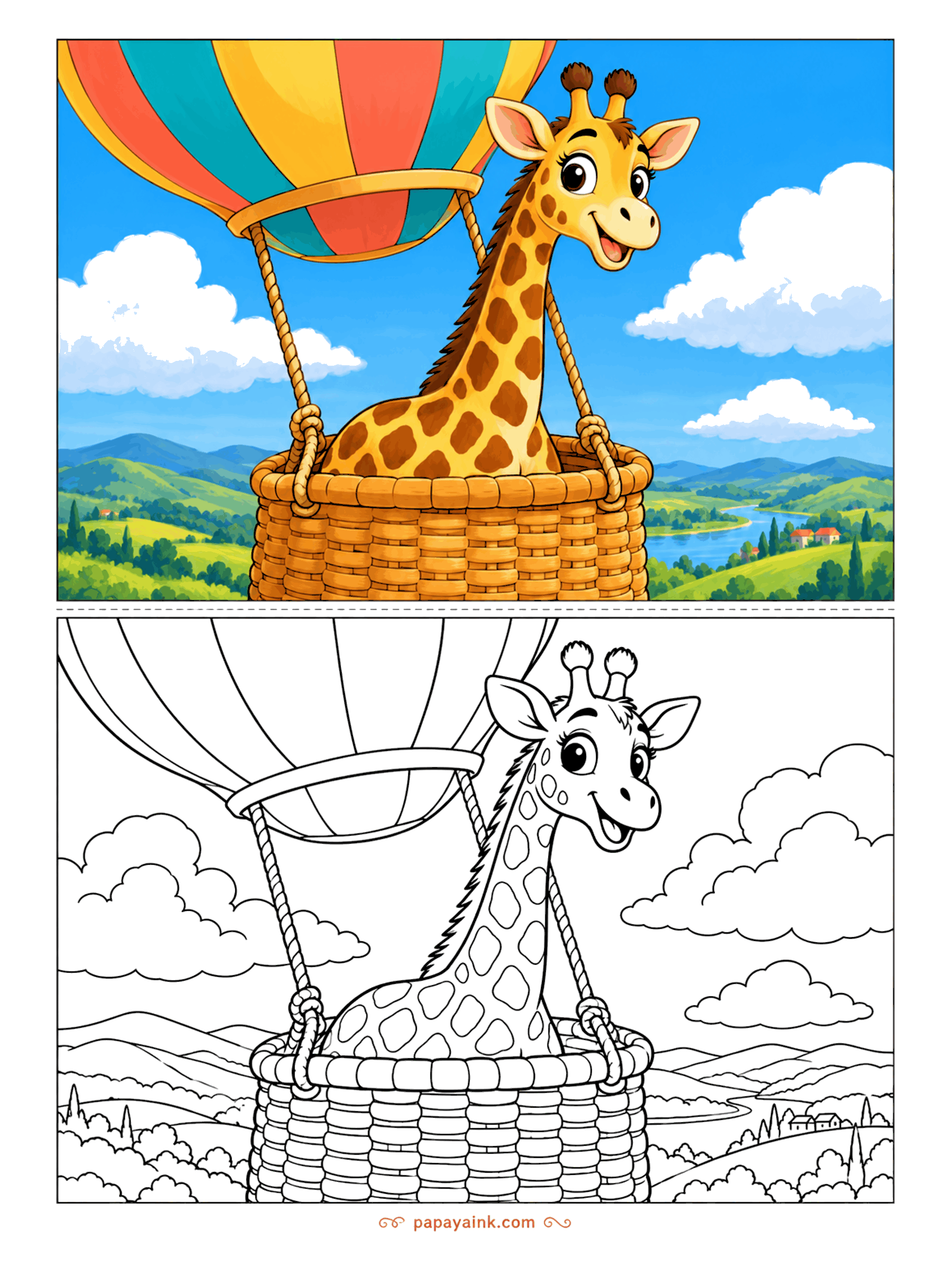 Giraffe Coloring Pages - Up, up and away: a grinning giraffe rides in the wicker basket of a striped hot-air balloon above rolling hills and a river.